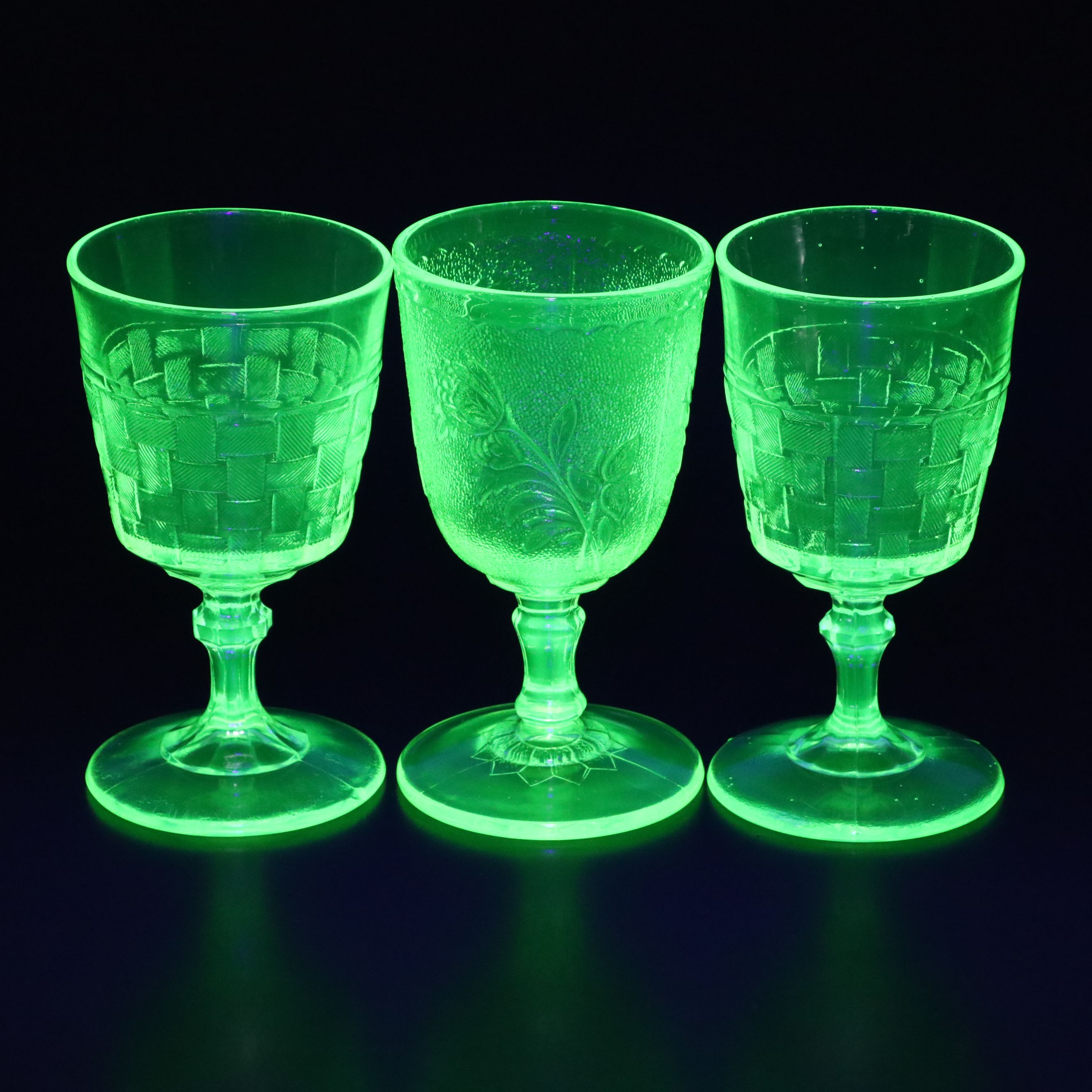 Vaseline Glass Basket Weave and Floral Water Goblets