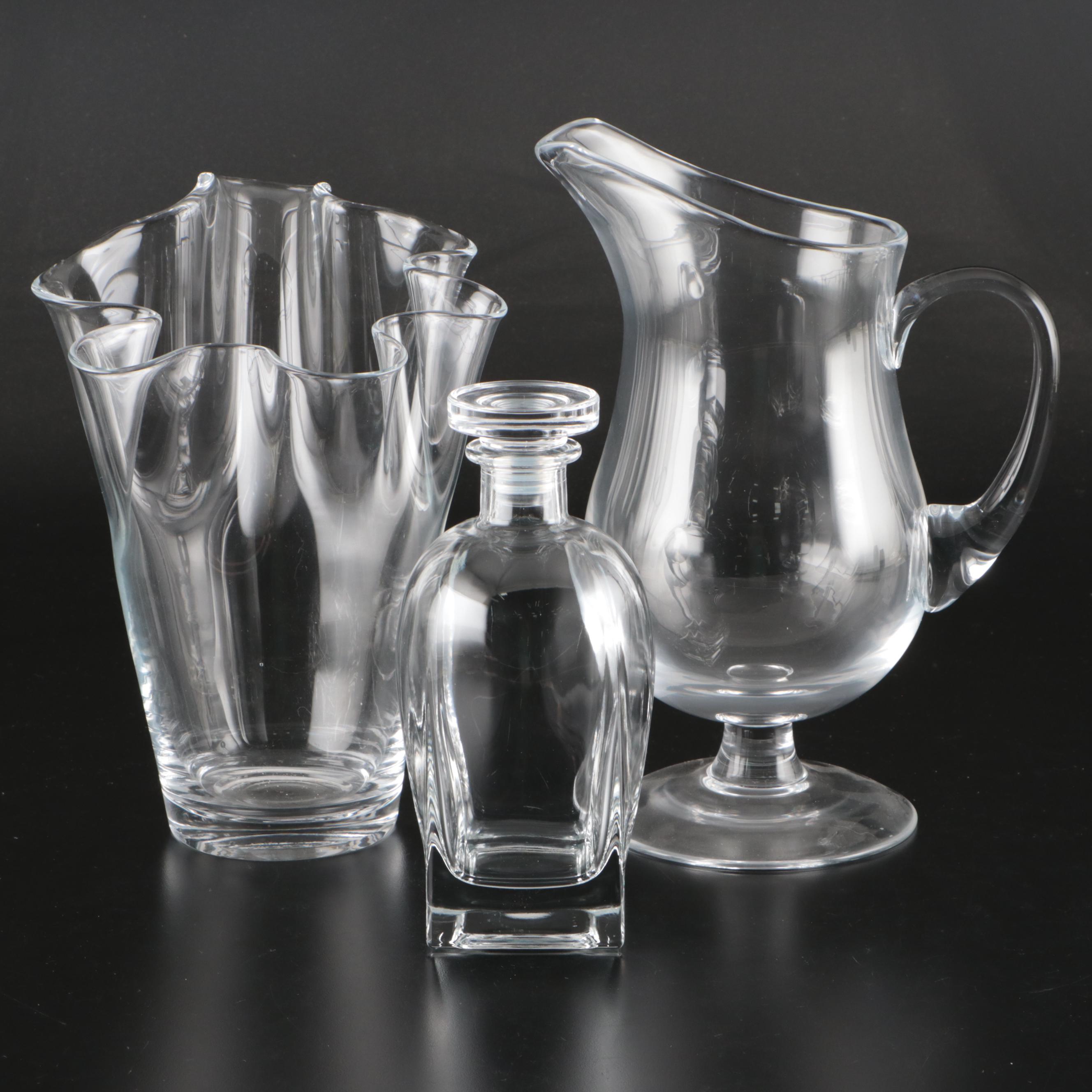 Crystal Handkerchief Vase, Pedestal Pitcher and Rossini Style Glass Decanter