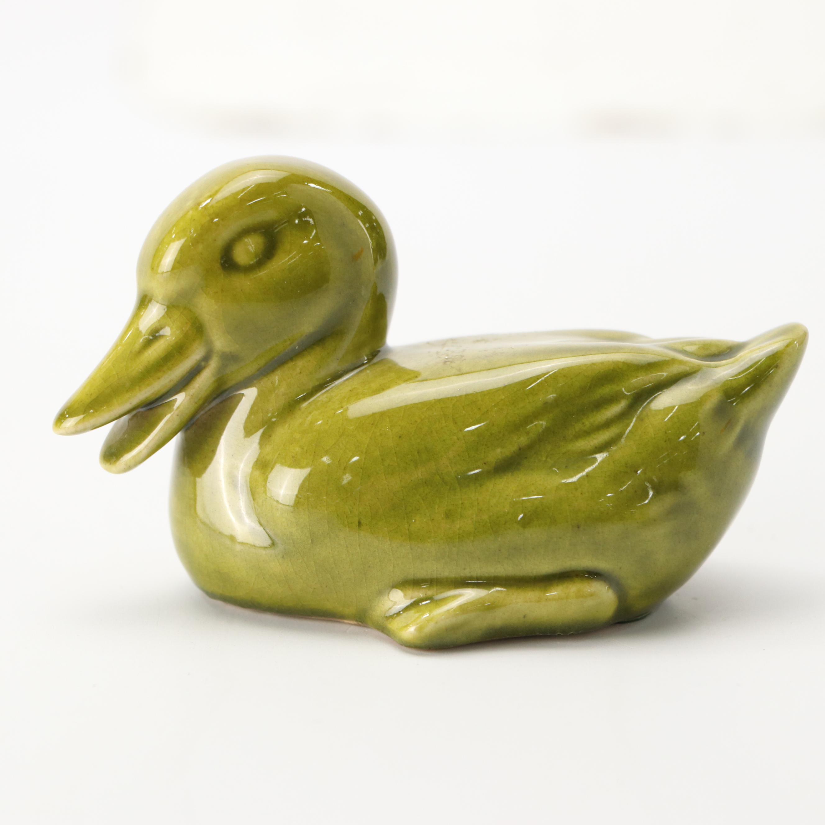 Rookwood Pottery Green Ceramic Duck Figurine, 1964