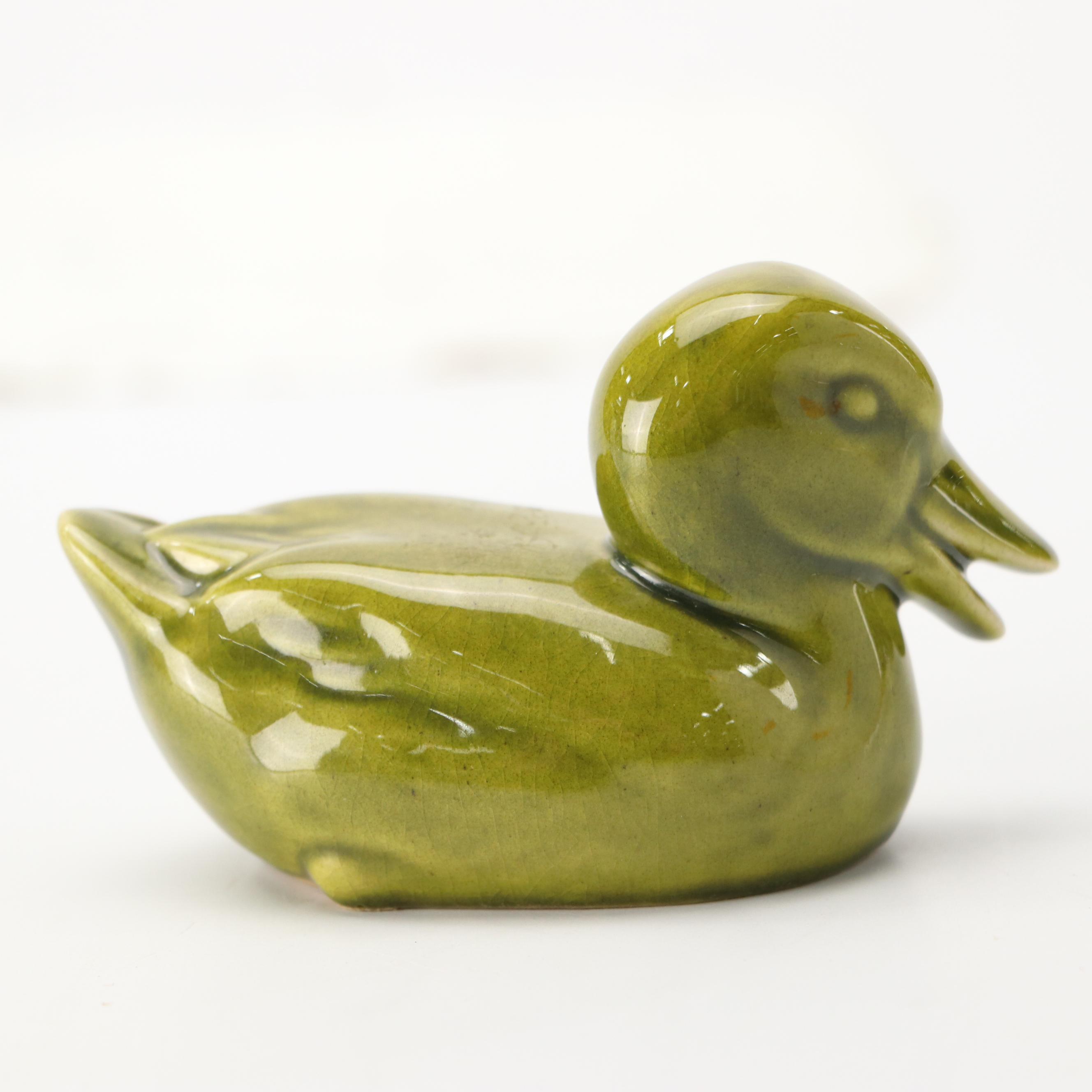 Rookwood Pottery Green Ceramic Duck Figurine, 1964