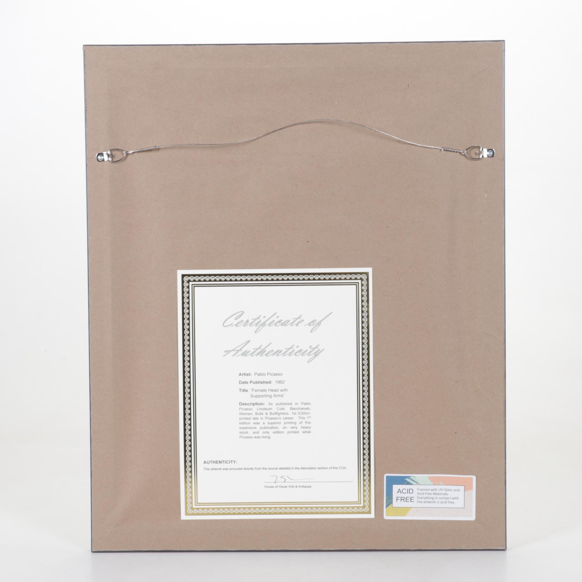 Pablo Picasso Linoleum Cut "Female Head With Supporting Arms," 1962