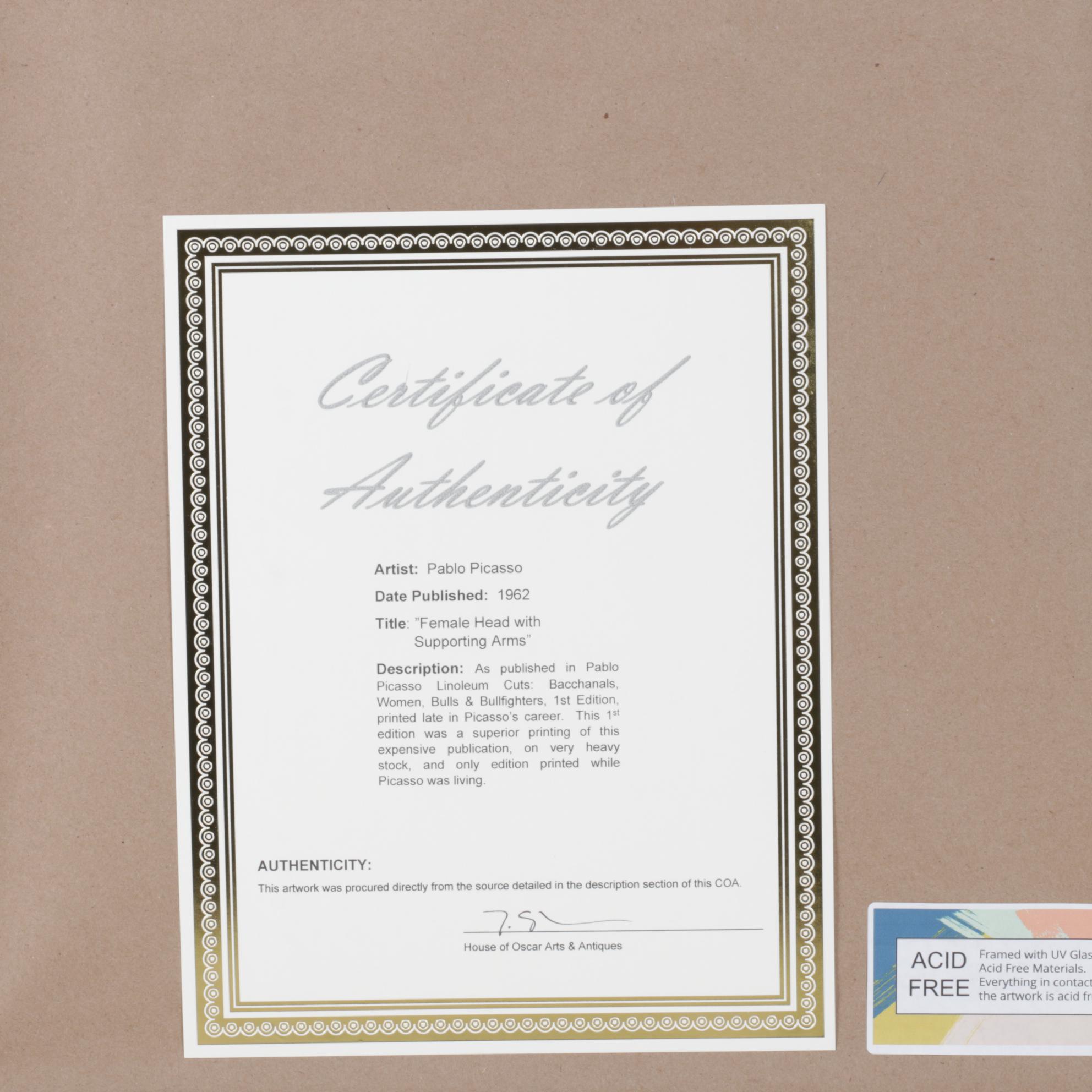 Pablo Picasso Linoleum Cut "Female Head With Supporting Arms," 1962