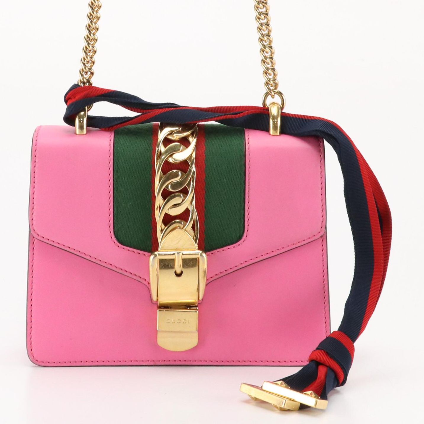 Gucci Small Sylvie Two-Way Shoulder Bag in Pink Leather with Web Detailing