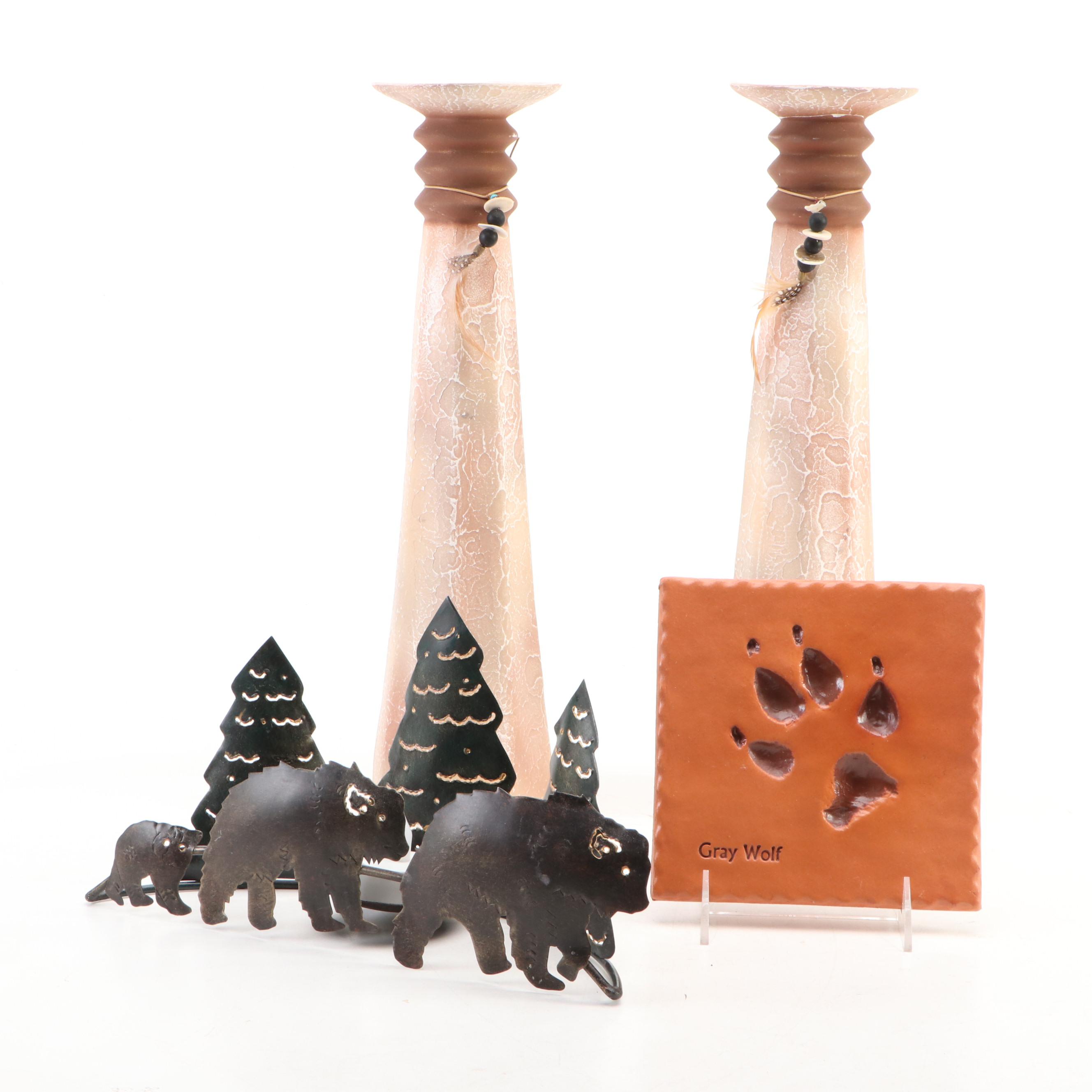 Prairie Fire Pottery Gray Wolf Paw Print Trivet with Bud Vases and Votive Holder