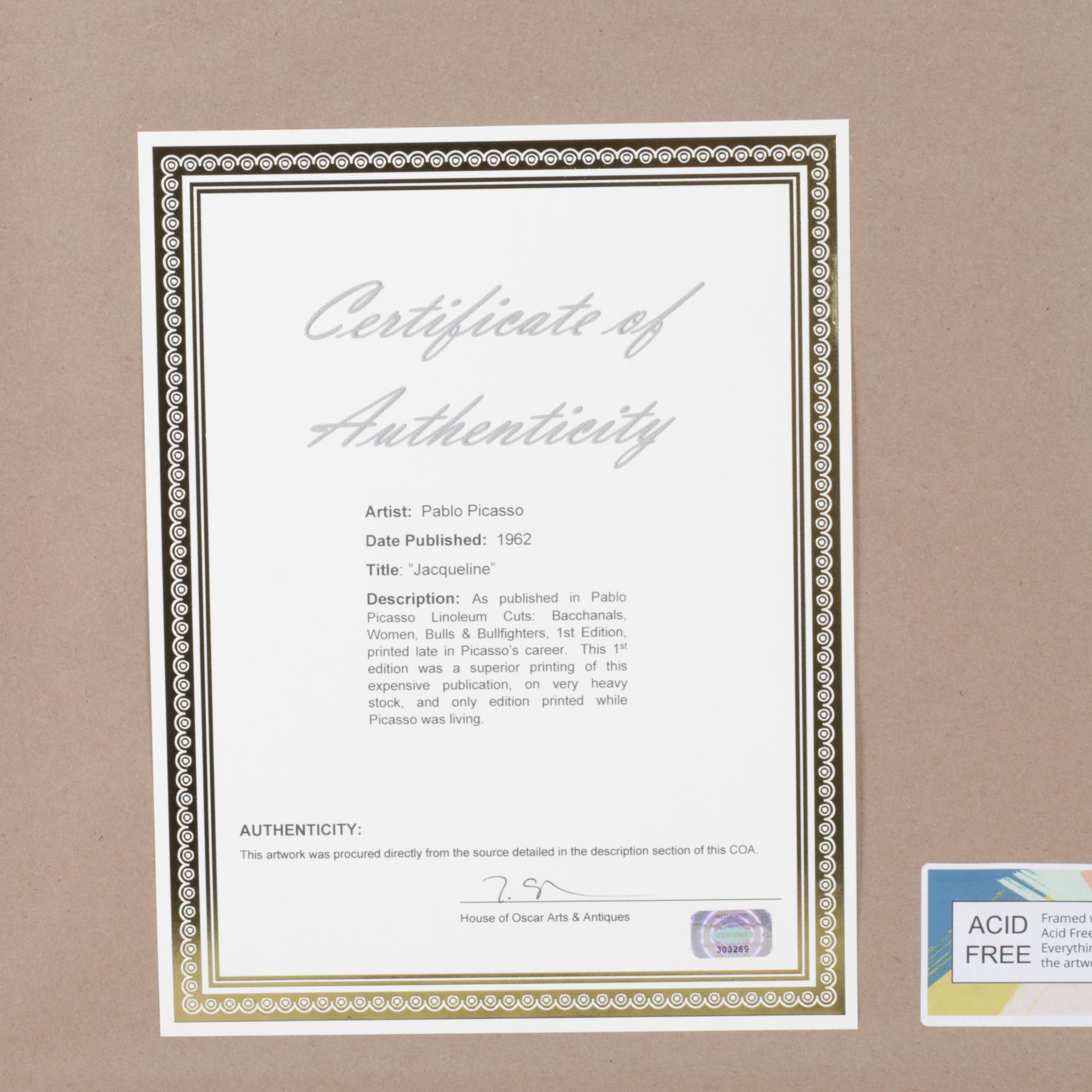 Pablo Picasso Linoleum Cut "Jacqueline," 1962