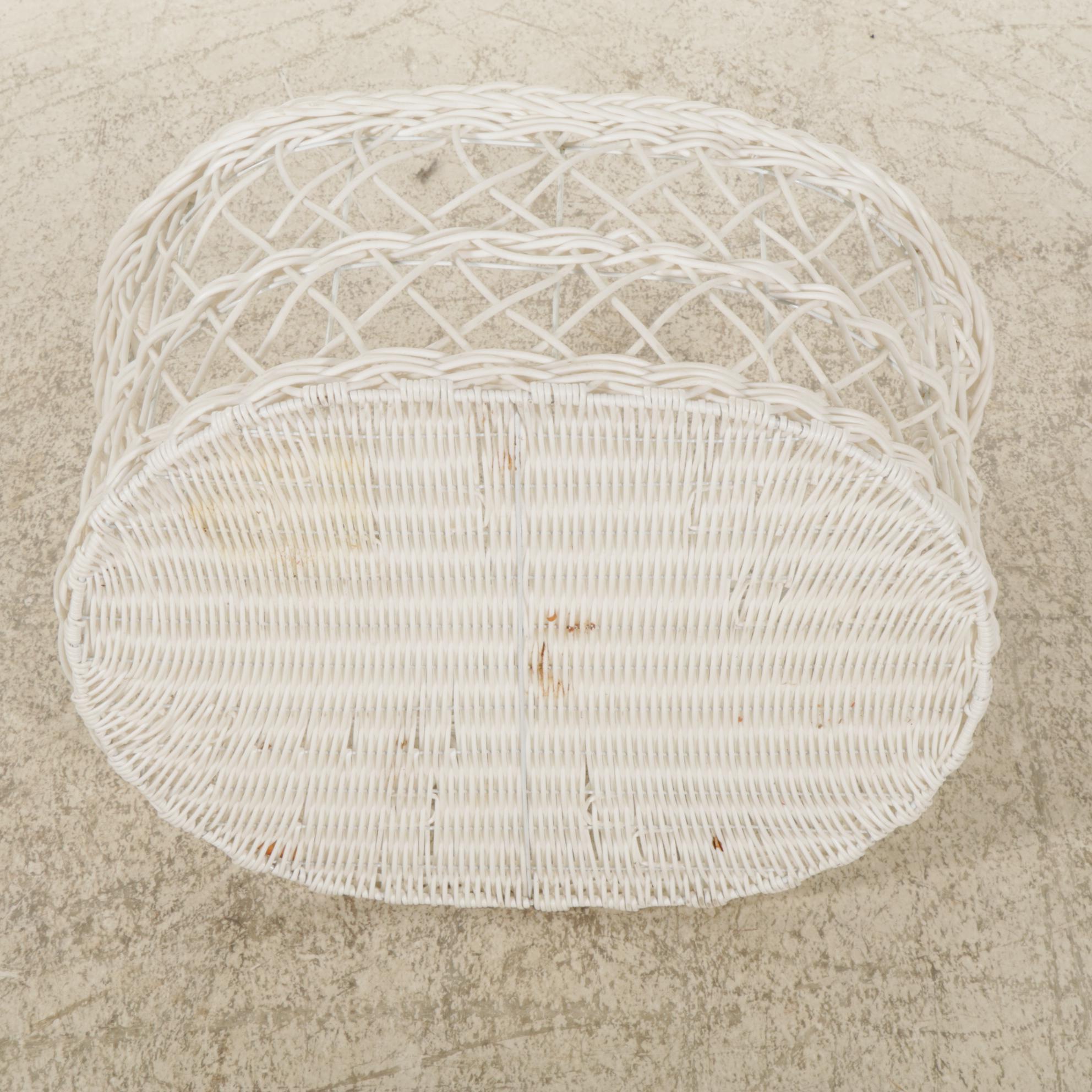 White-Painted Wicker Loveseat, Chair, and Two-Tier Planter