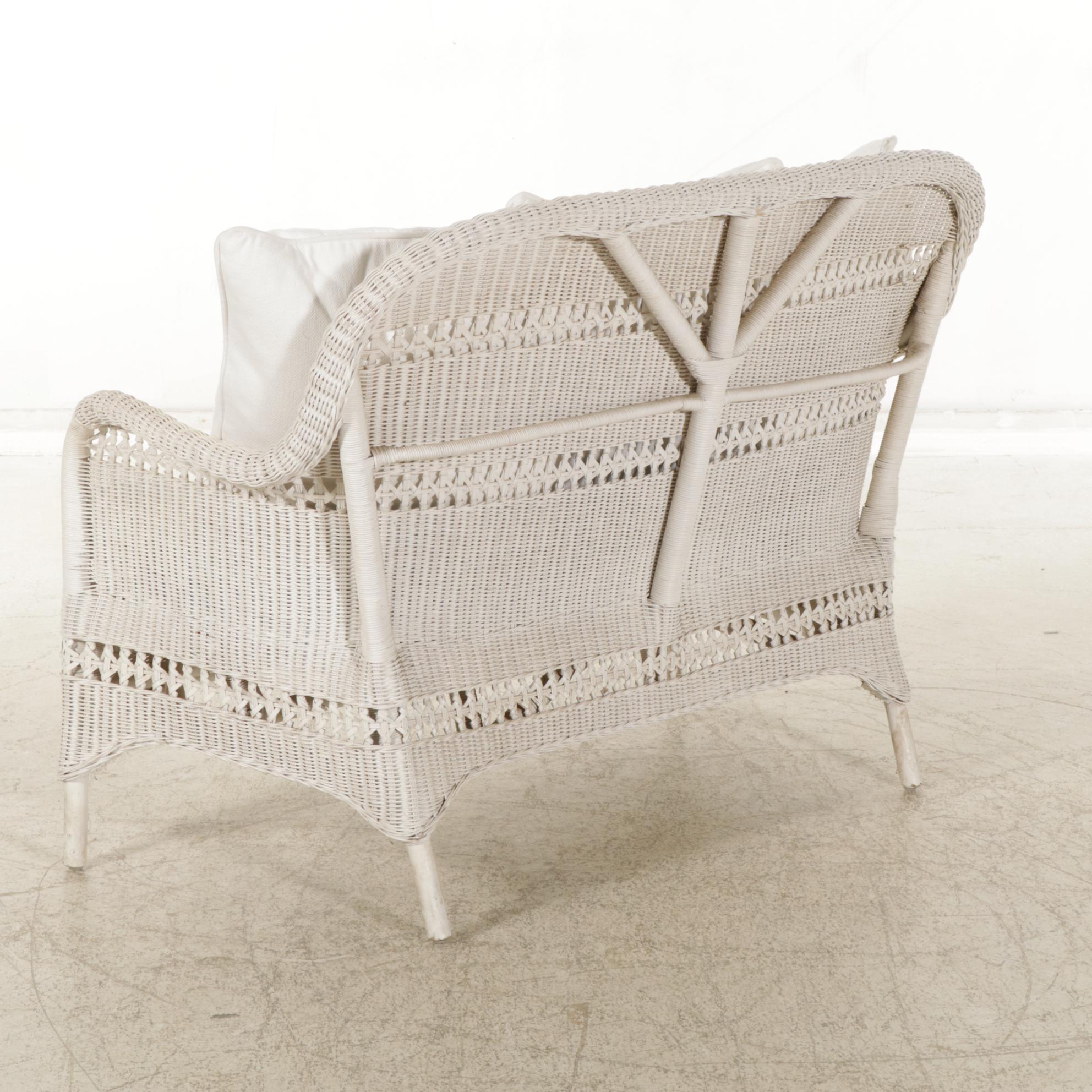White-Painted Wicker Loveseat, Chair, and Two-Tier Planter