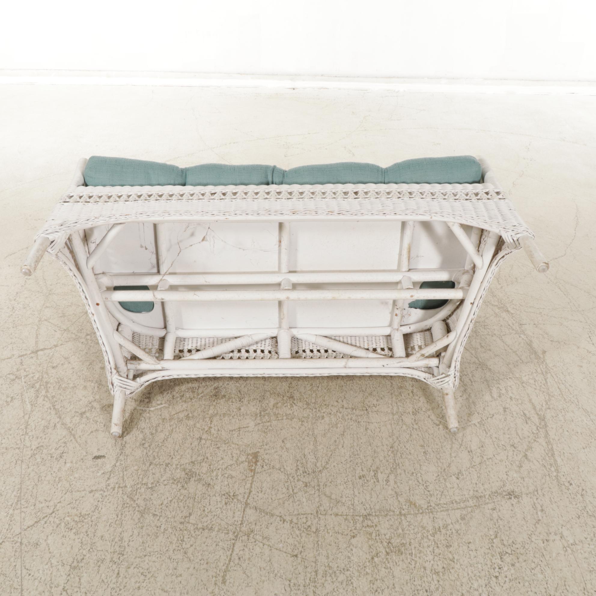 White-Painted Wicker Loveseat, Chair, and Two-Tier Planter