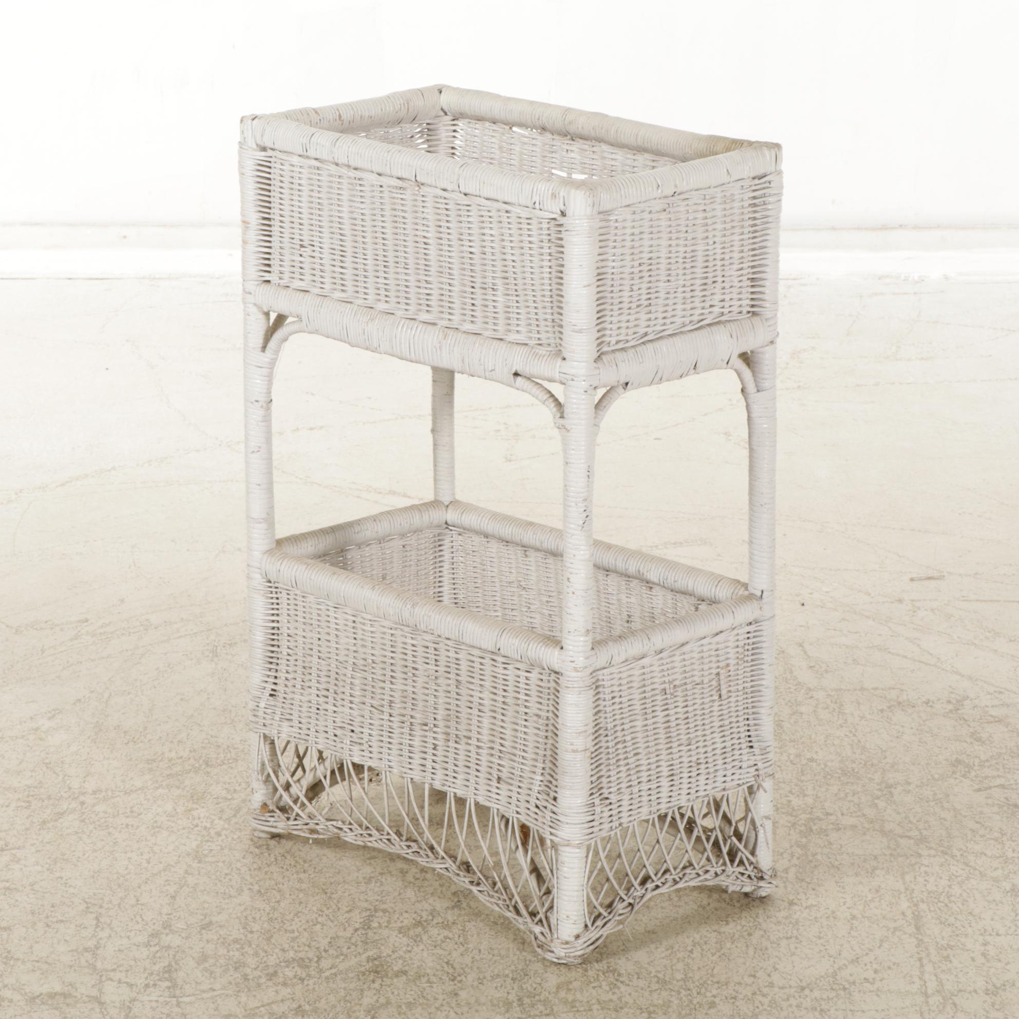 White-Painted Wicker Loveseat, Chair, and Two-Tier Planter