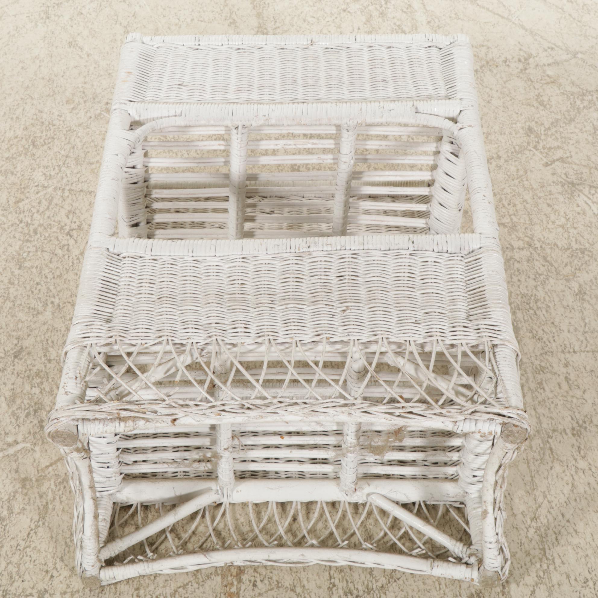White-Painted Wicker Loveseat, Chair, and Two-Tier Planter
