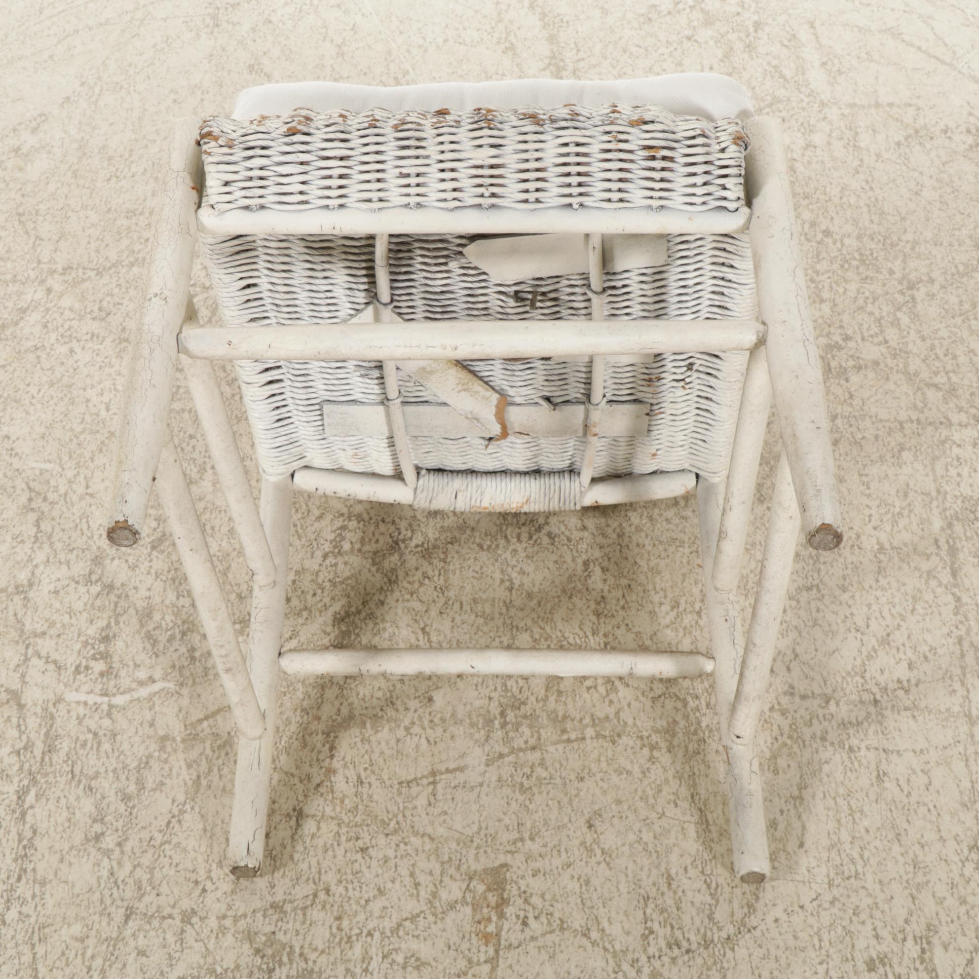 White-Painted Wicker Loveseat, Chair, and Two-Tier Planter