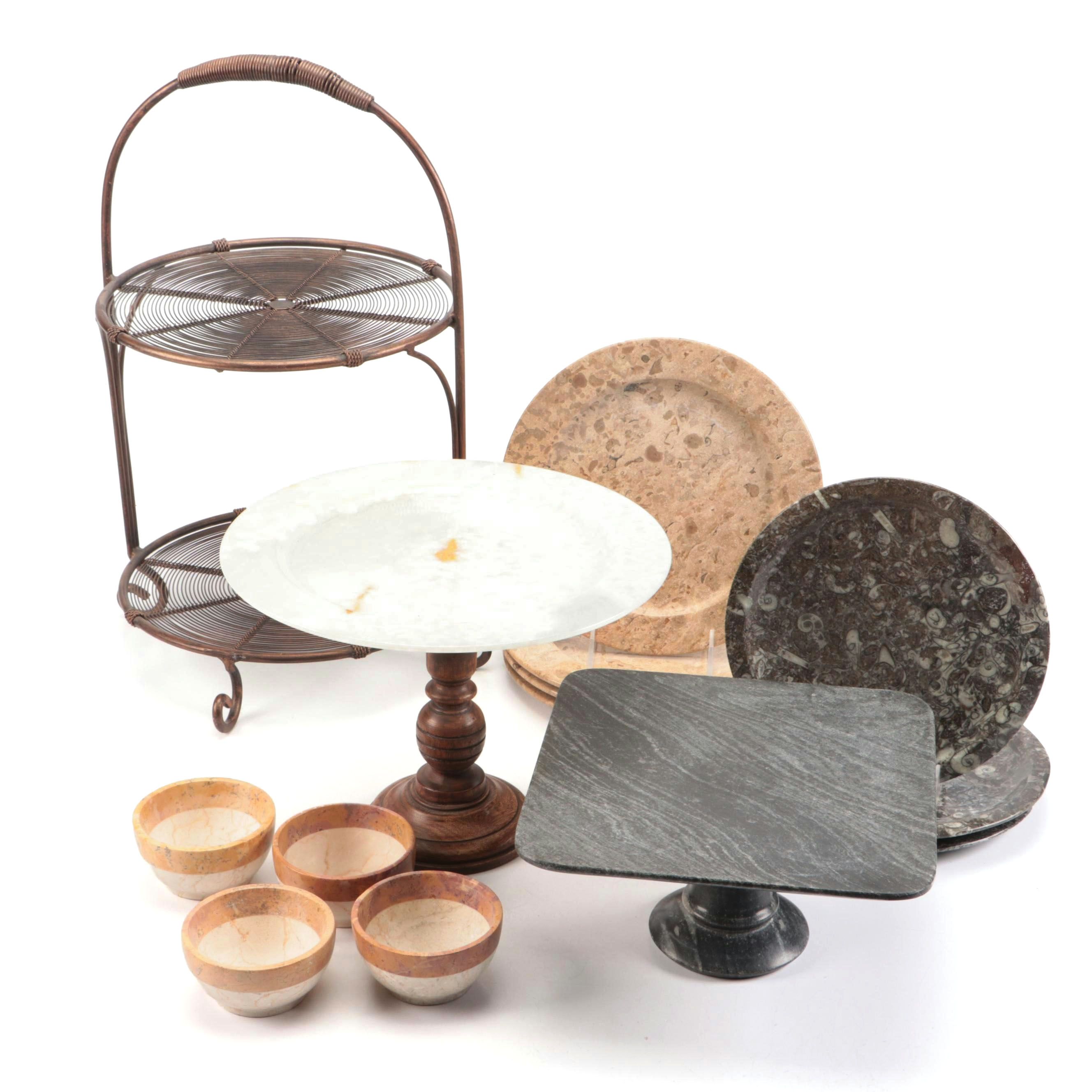 Fossils in Stone Carved Plates with Stone Bowls and Metal and Stone Stands