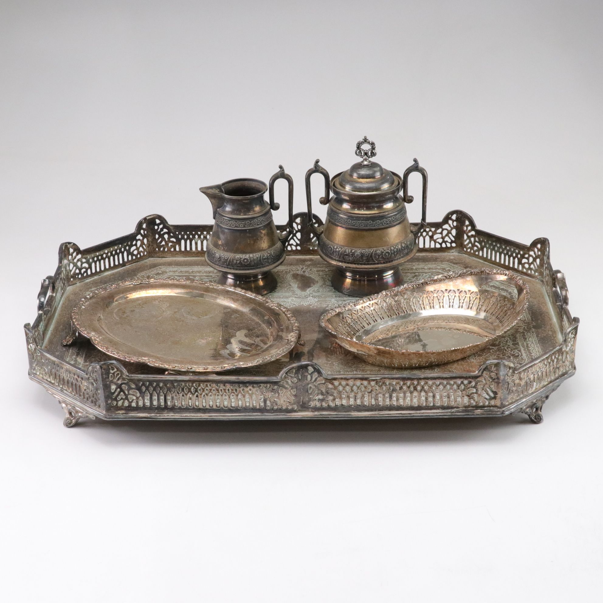 Barker Ellis Silver Plate Reticulated Bowl with Serving Tray and More