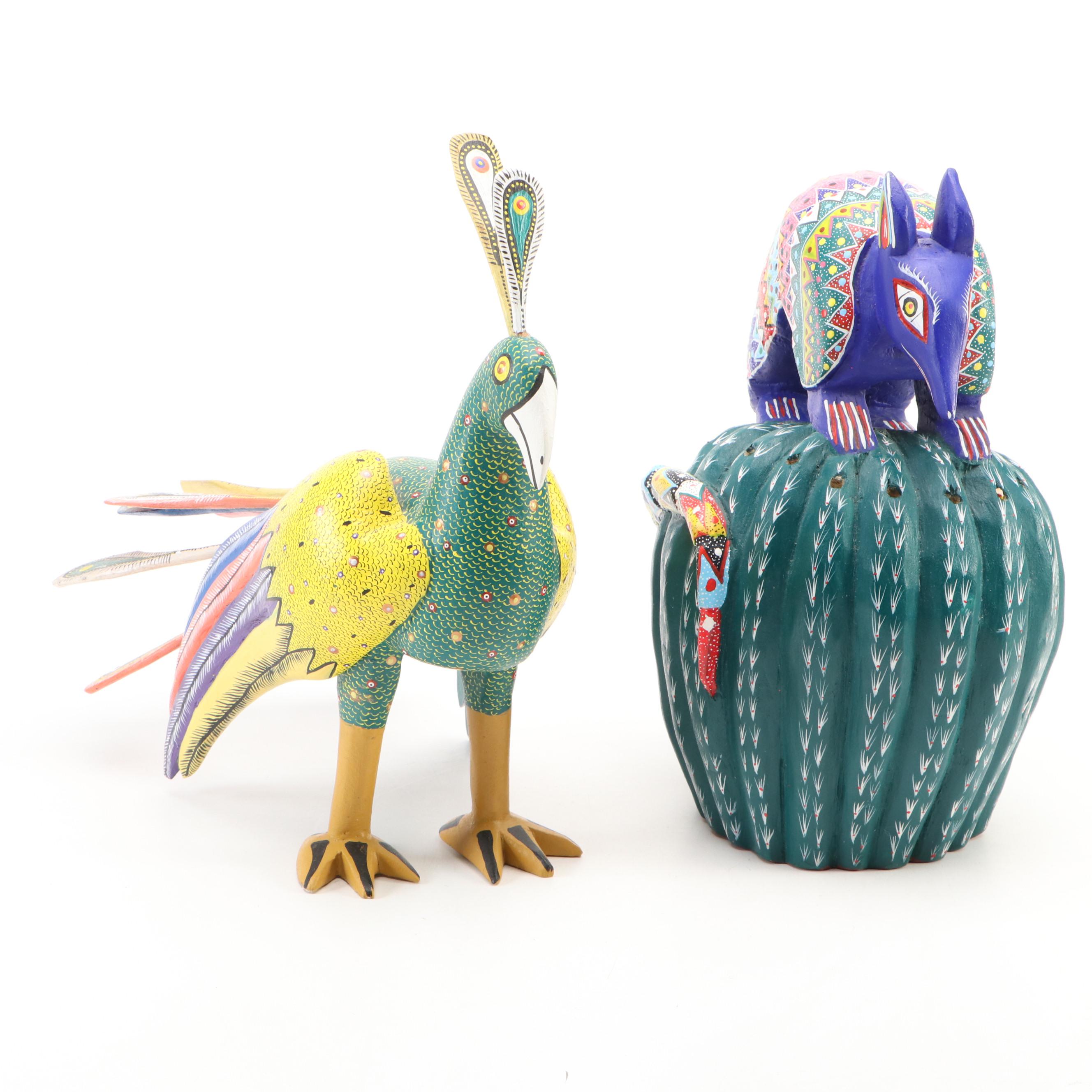 Oaxacan Alebrijes Bird, Armadillo on Cactus and Pad Cactus Sculptures