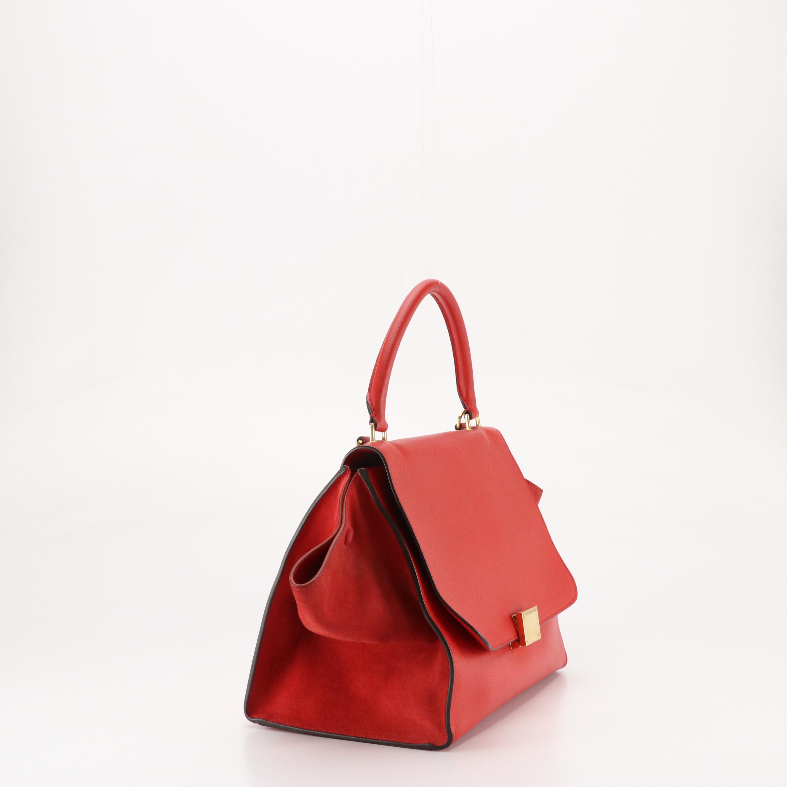 Céline Medium Trapeze Two-Way Bag in Red Grained Calfskin Leather and Suede