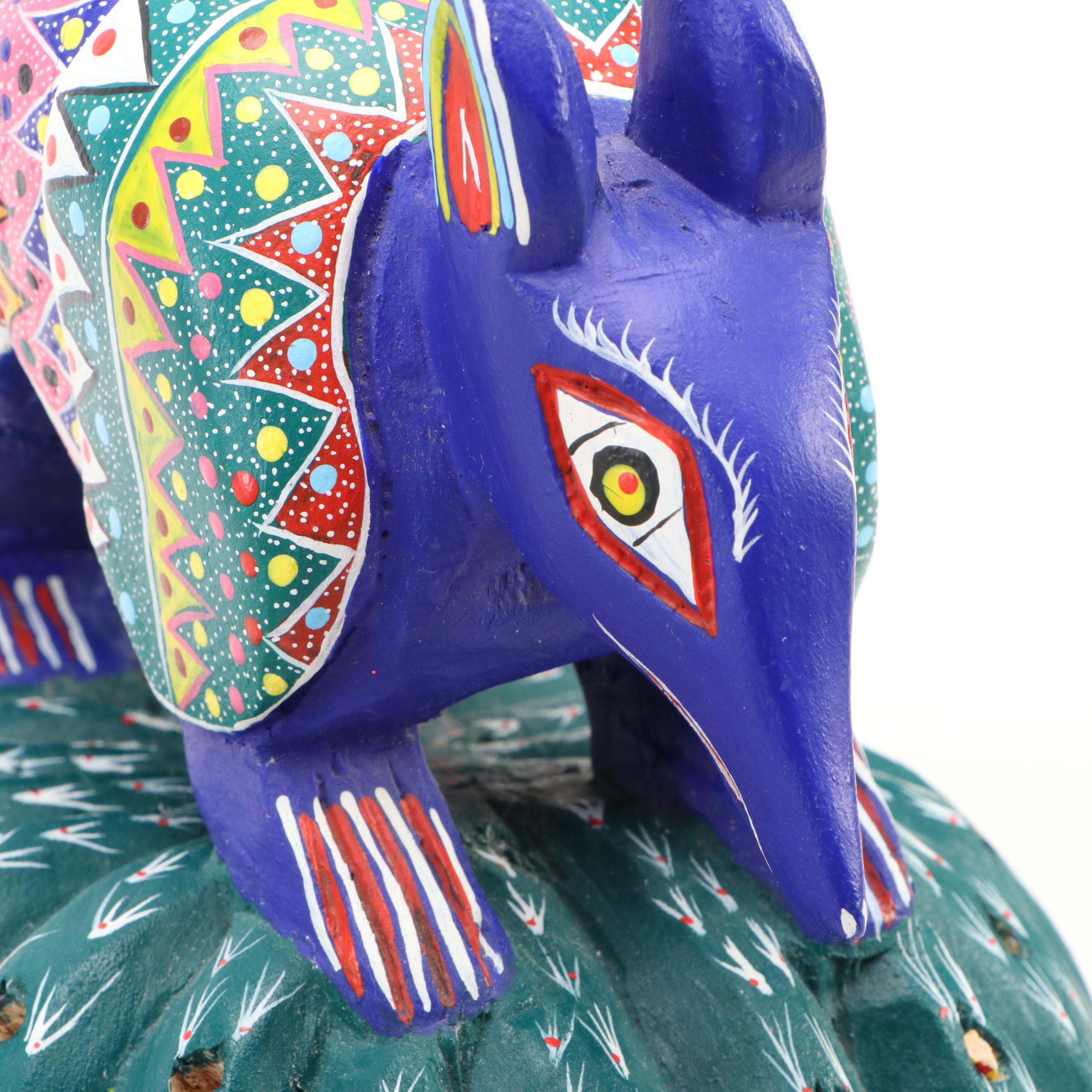 Oaxacan Alebrijes Bird, Armadillo on Cactus and Pad Cactus Sculptures