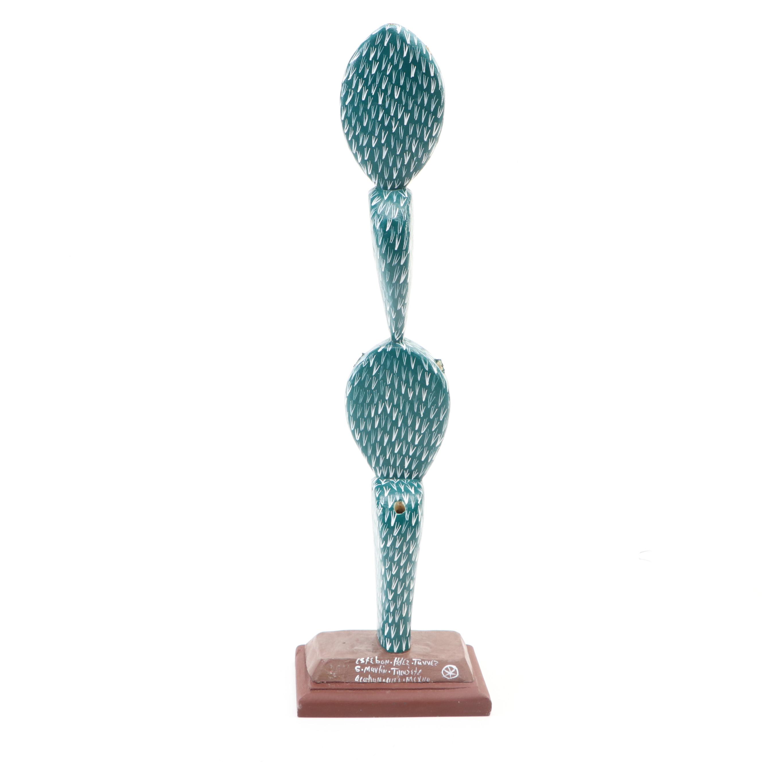 Oaxacan Alebrijes Bird, Armadillo on Cactus and Pad Cactus Sculptures