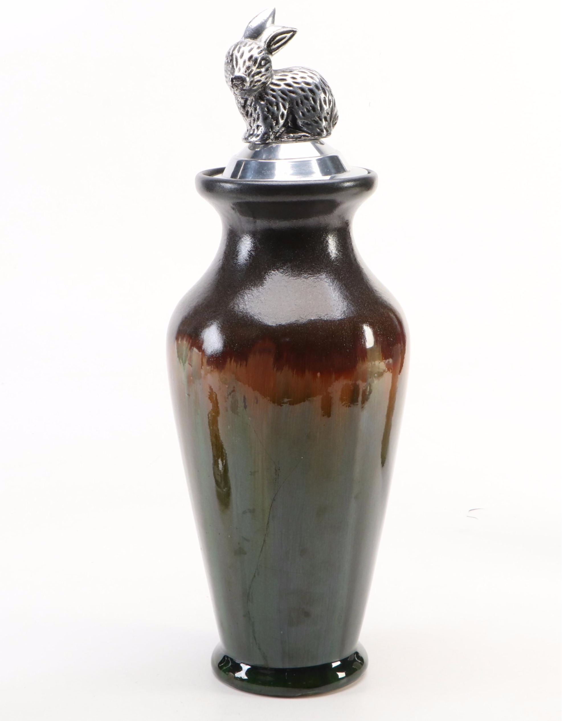 Contemporary Drip-Glazed Ceramic Vase with Metal Rabbit Shaped Lids