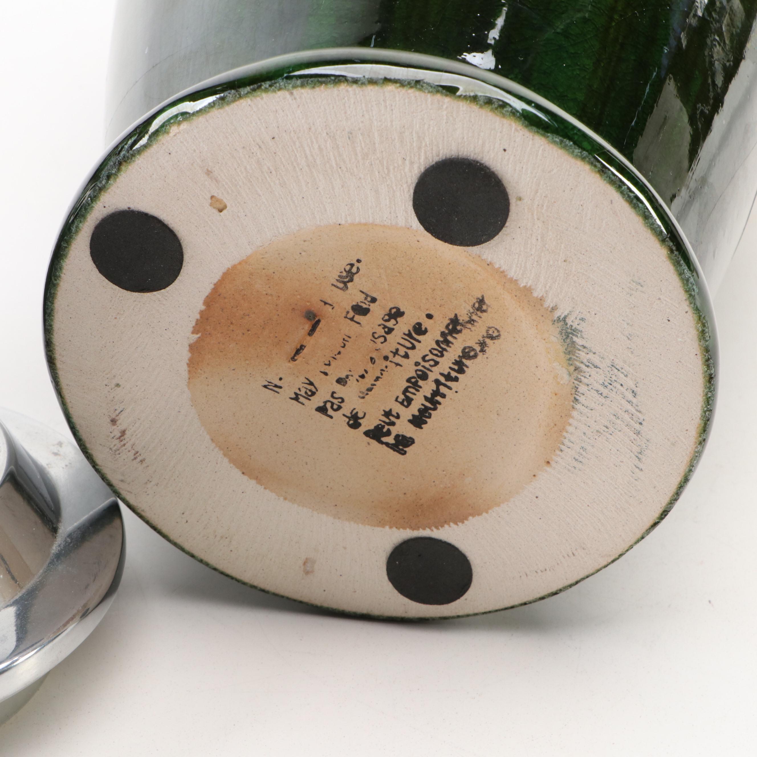 Contemporary Drip-Glazed Ceramic Vase with Metal Rabbit Shaped Lids