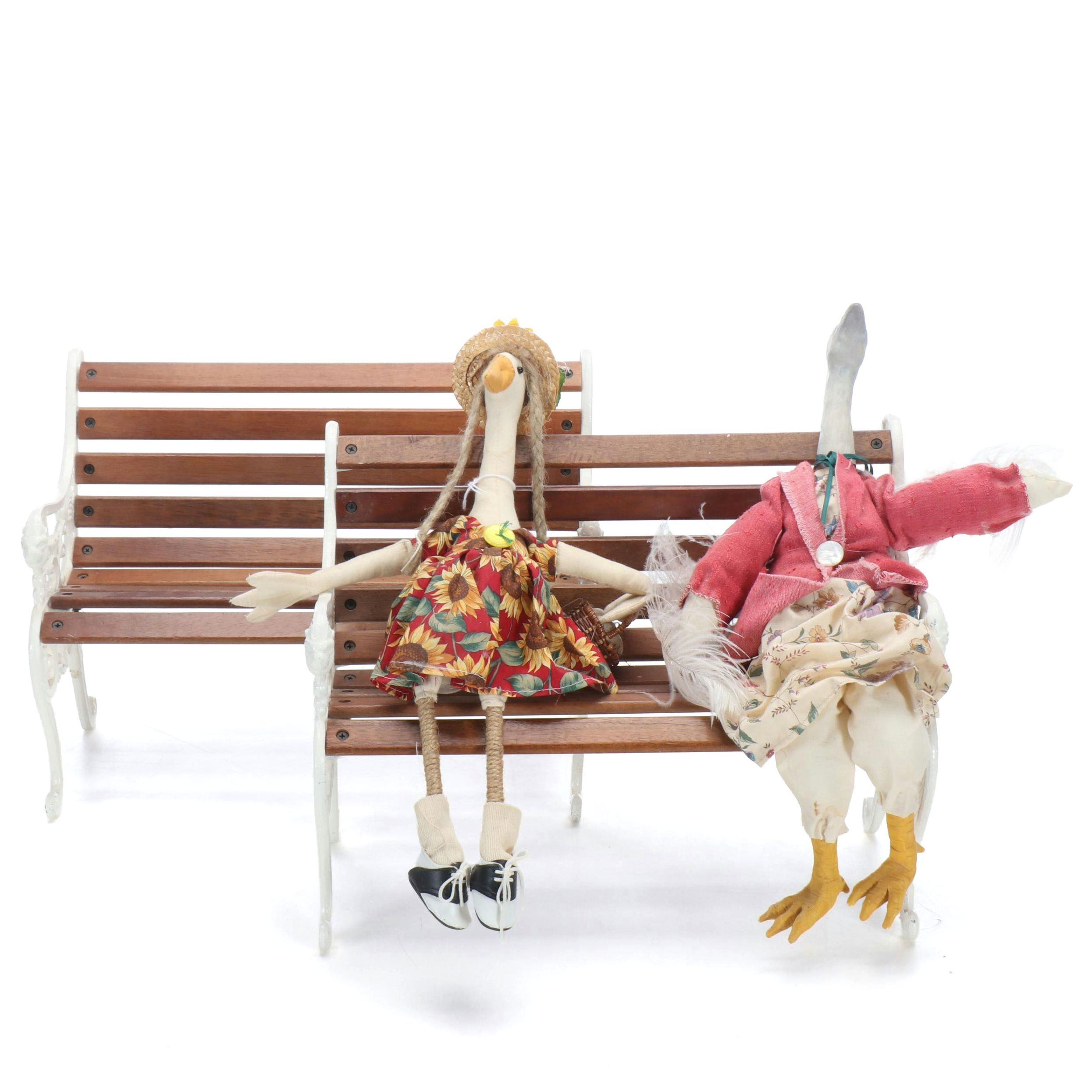 Artisan Anthropomorphic Goose Dolls with Victorian Style Doll Benches