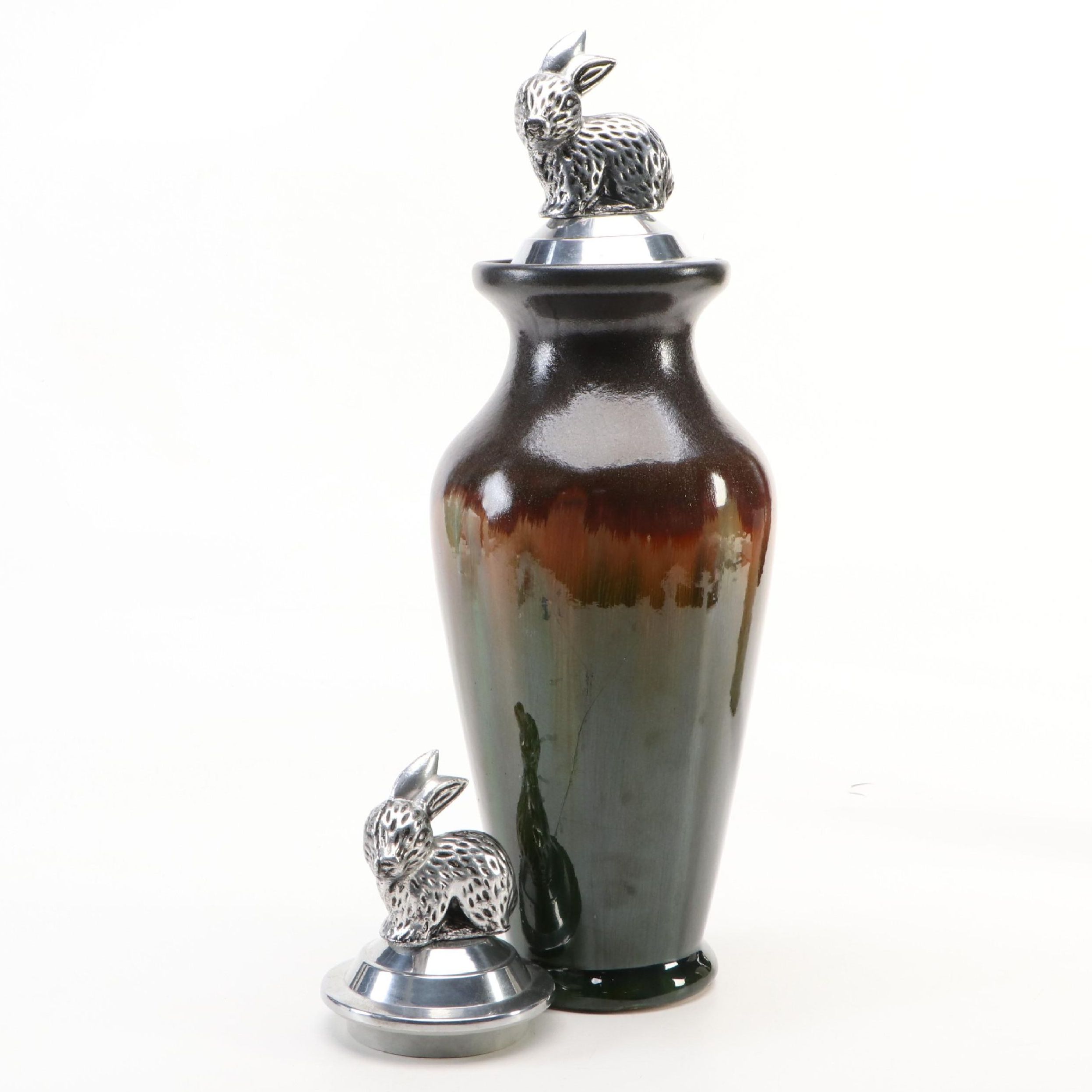 Contemporary Drip-Glazed Ceramic Vase with Metal Rabbit Shaped Lids