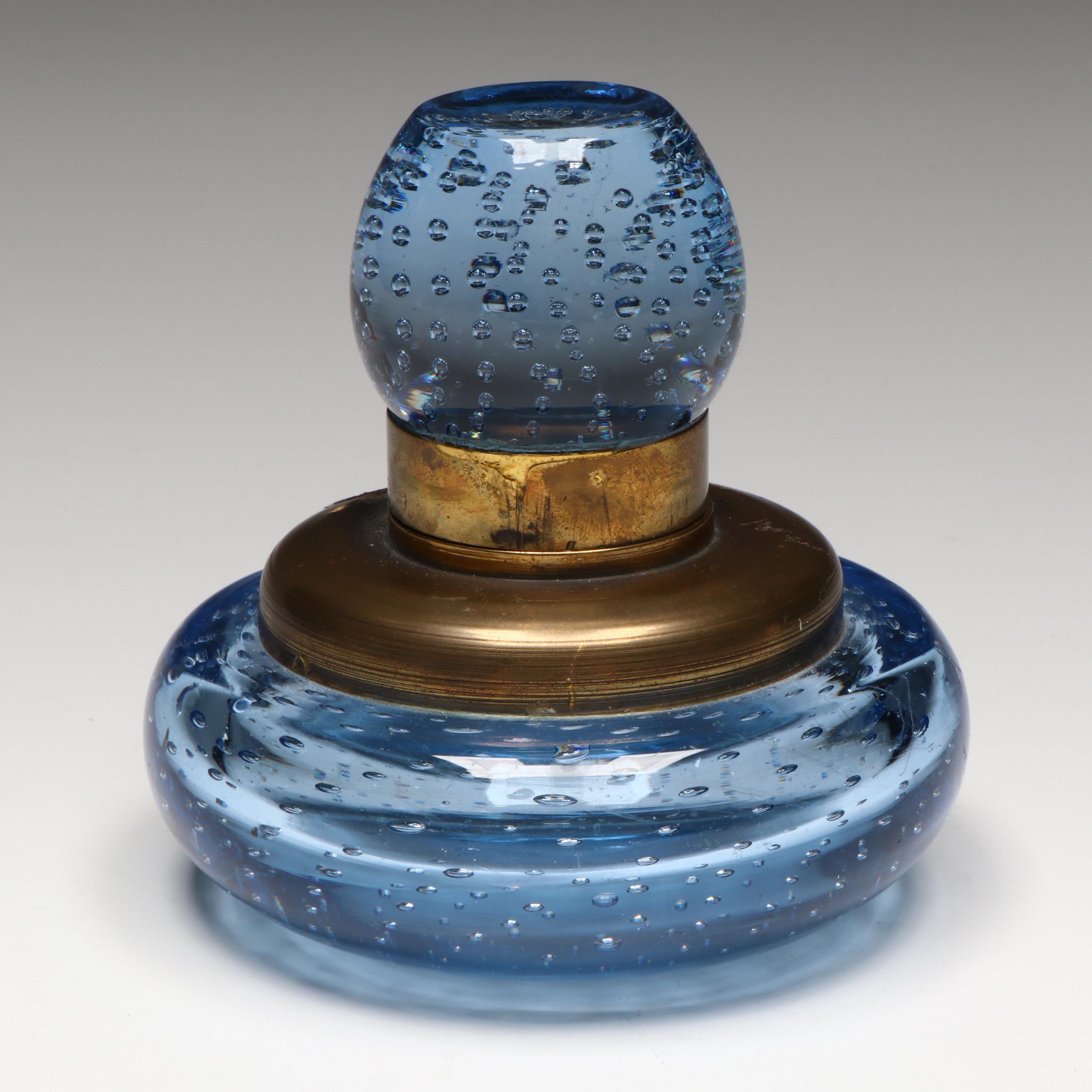 Murano Style Controlled Bubble Glass and Brass Inkwell