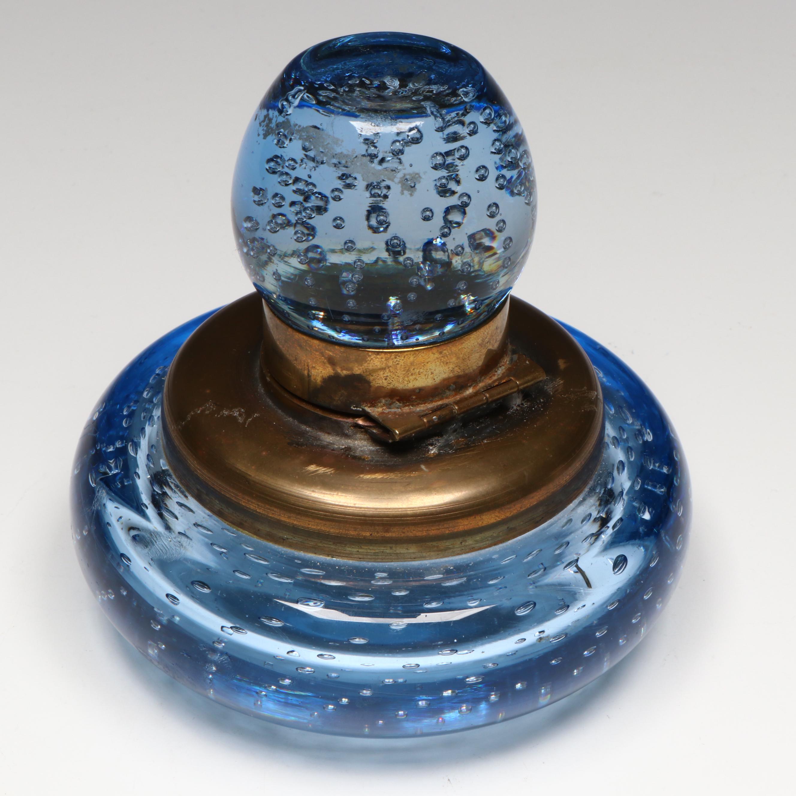 Murano Style Controlled Bubble Glass and Brass Inkwell
