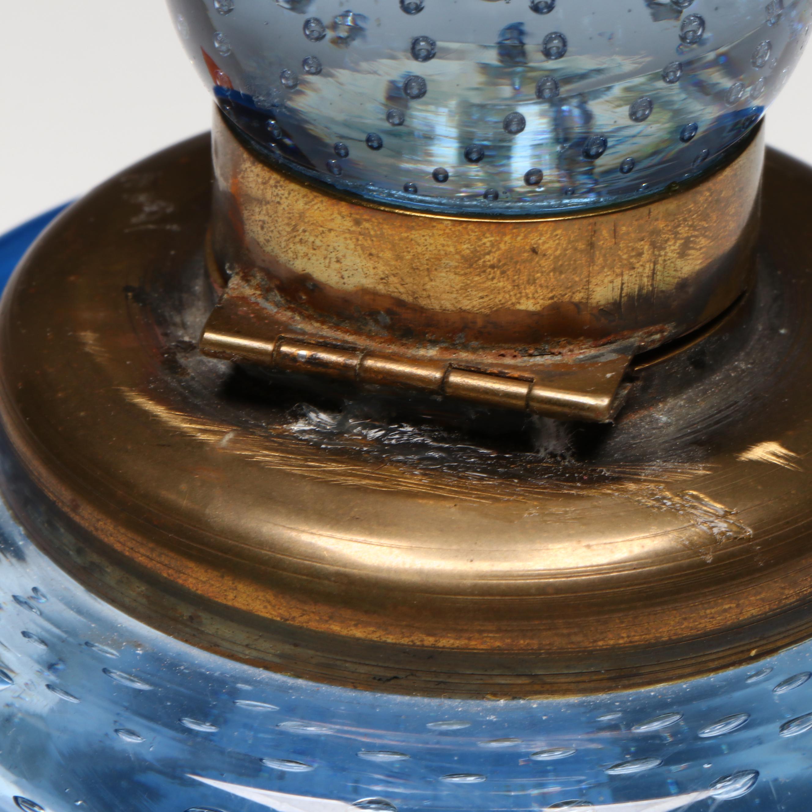 Murano Style Controlled Bubble Glass and Brass Inkwell