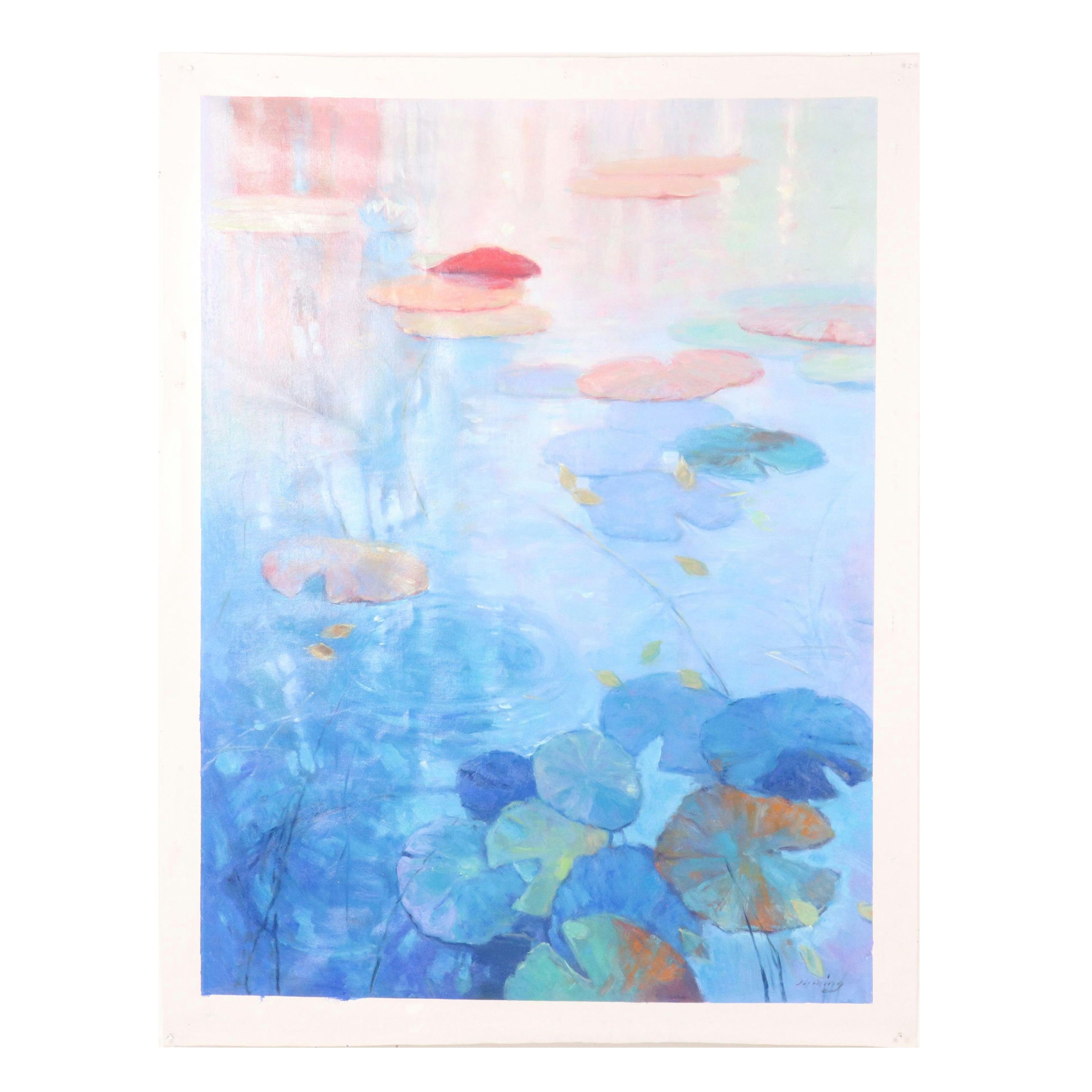 N. Ming Pond Landscape Oil Painting, 21st Century