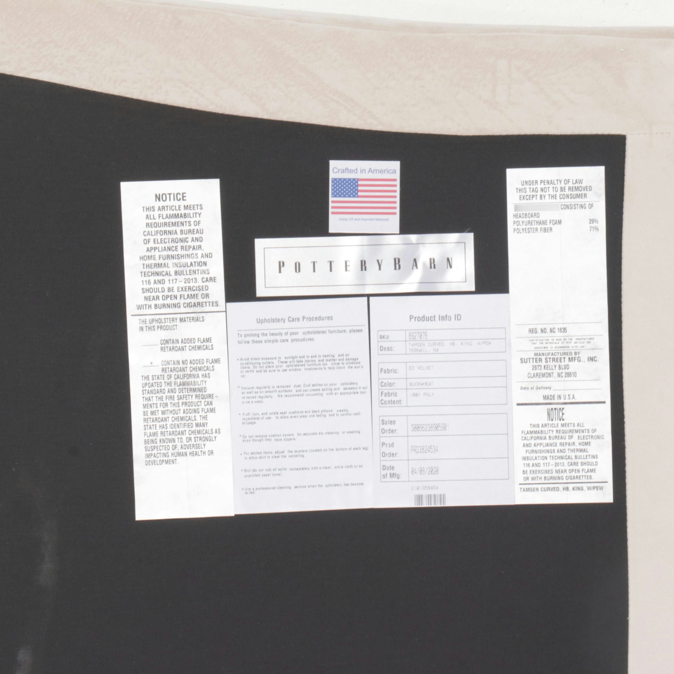 Pottery Barn "Tamsen" Upholstered King Size Headboard with Metal Frame