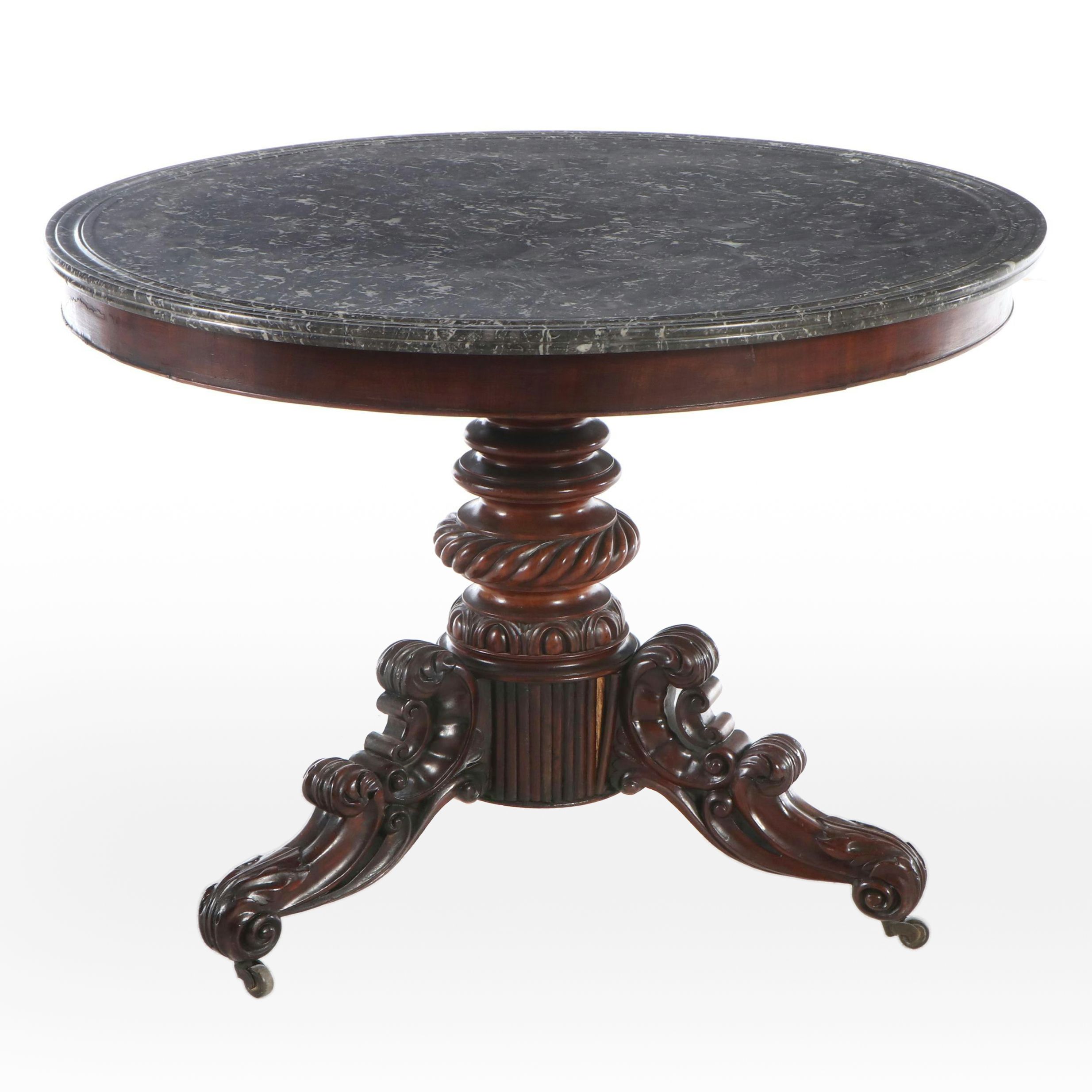 Victorian Style Carved Wood Marble Top Hall Table