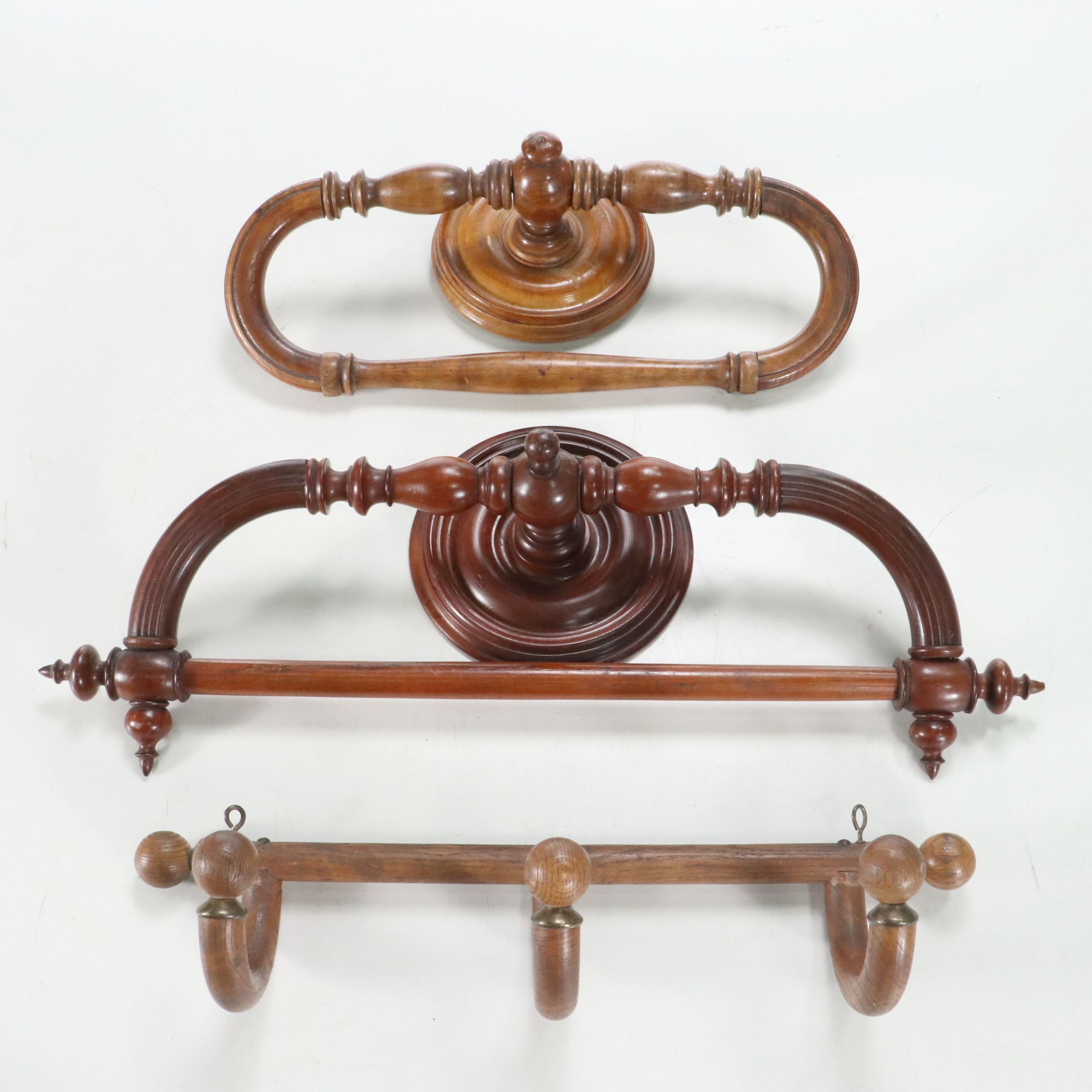 Continental Handcrafted Wood Towel Holders and Coat Hook, Early to Mid-20th C.