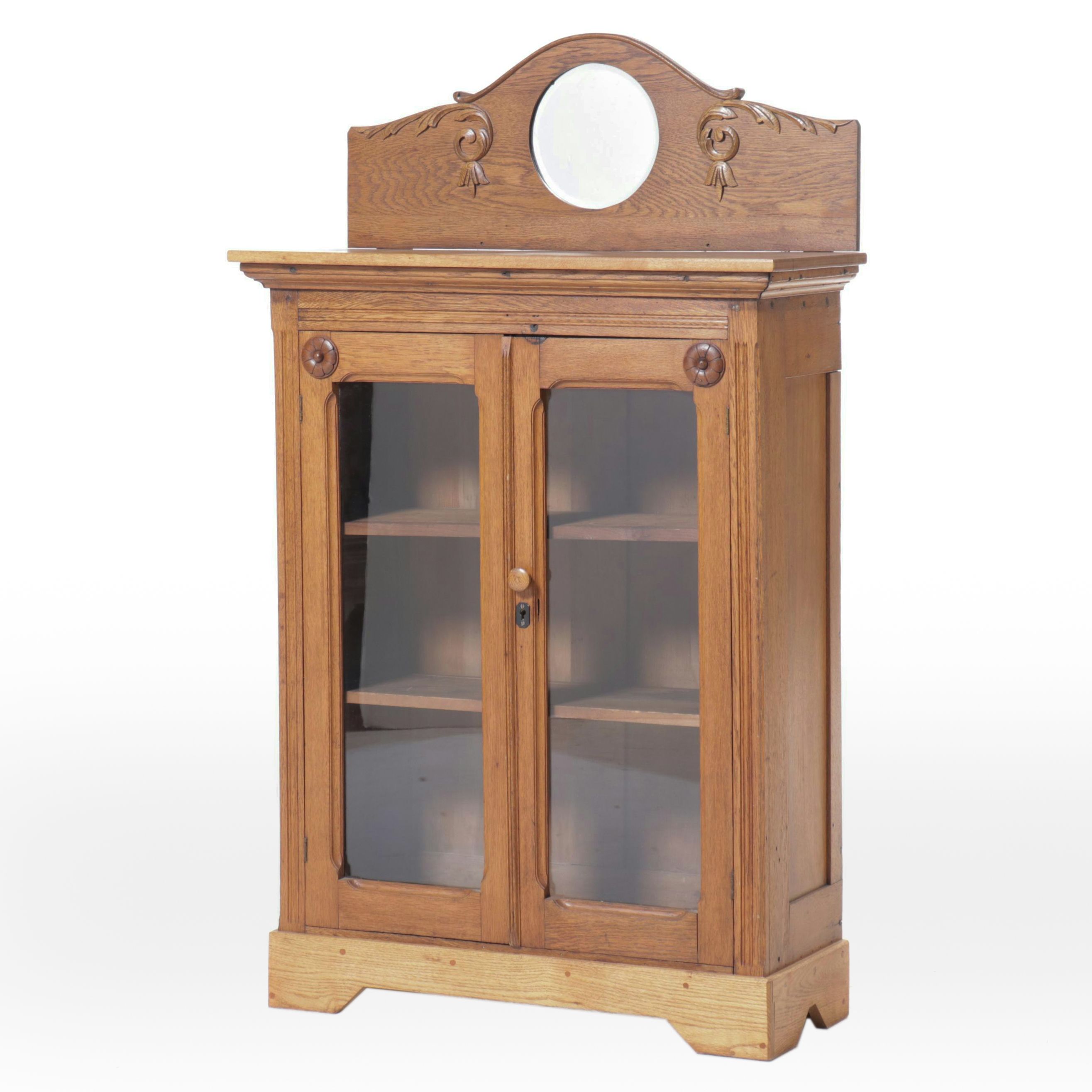 Late Victorian Oak Glass Front Cabinet, Late 19th/Early 20th Century