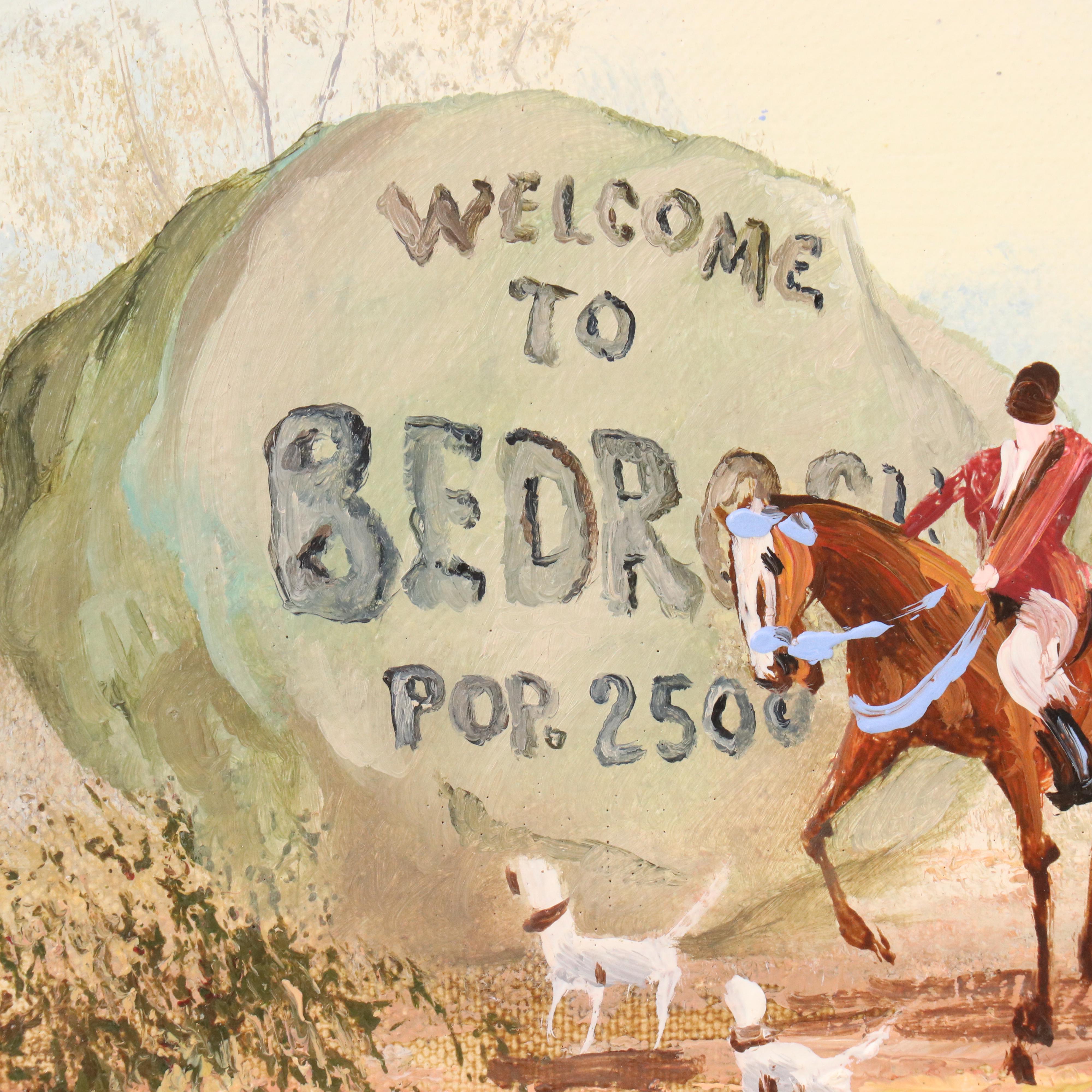 Dave Pollot Oil Painting of English Fox Hunt Party Discovering Town of Bedrock