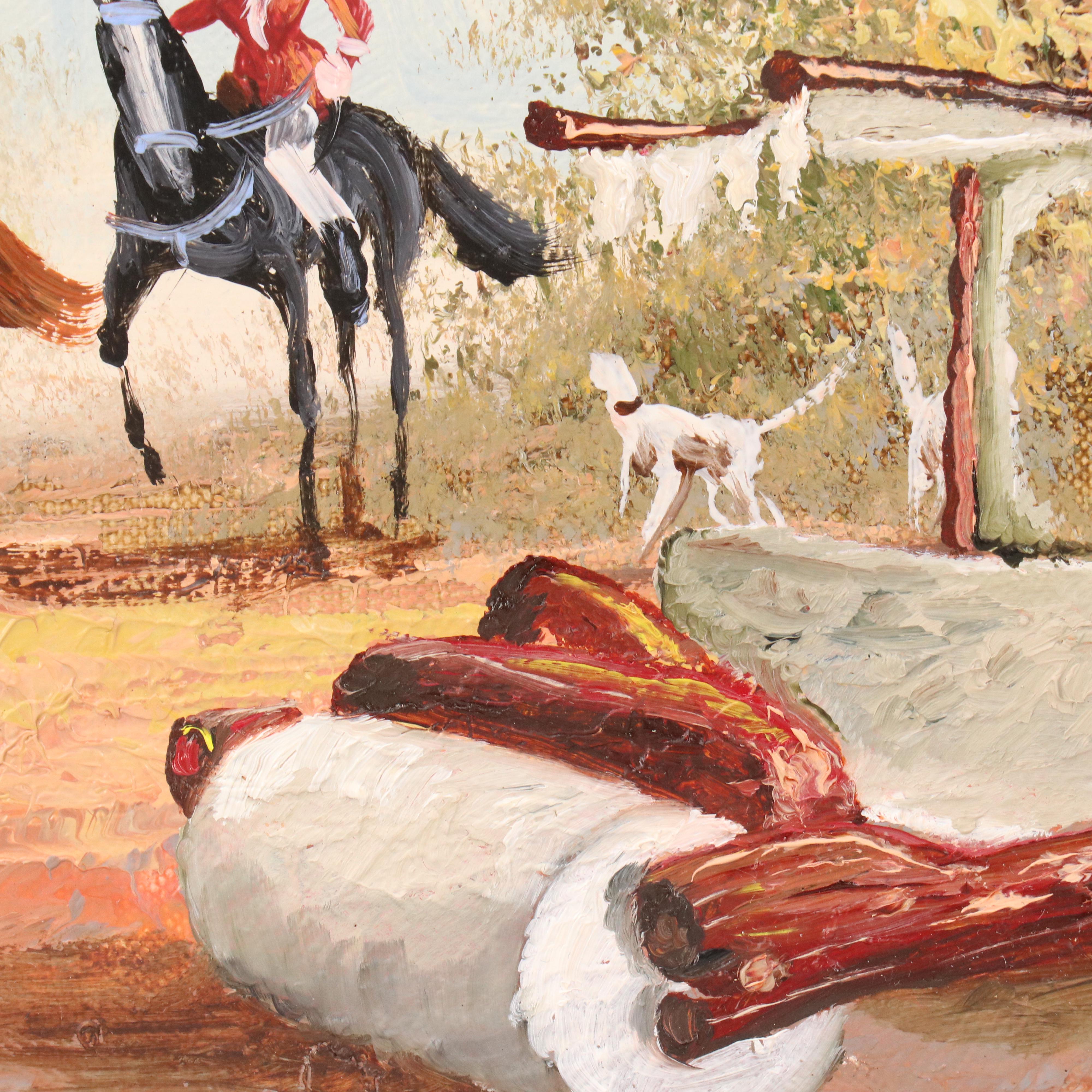 Dave Pollot Oil Painting of English Fox Hunt Party Discovering Town of Bedrock