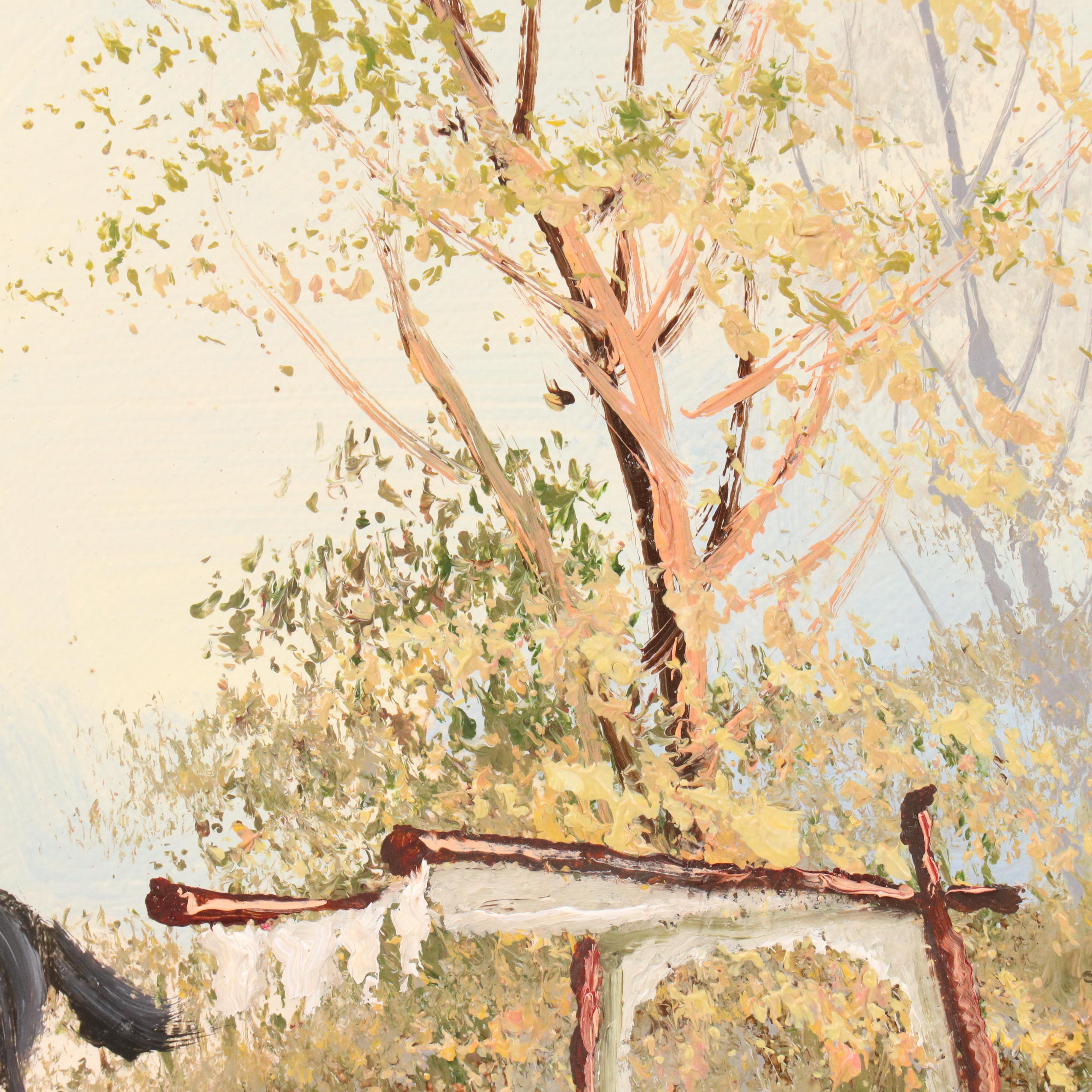 Dave Pollot Oil Painting of English Fox Hunt Party Discovering Town of Bedrock