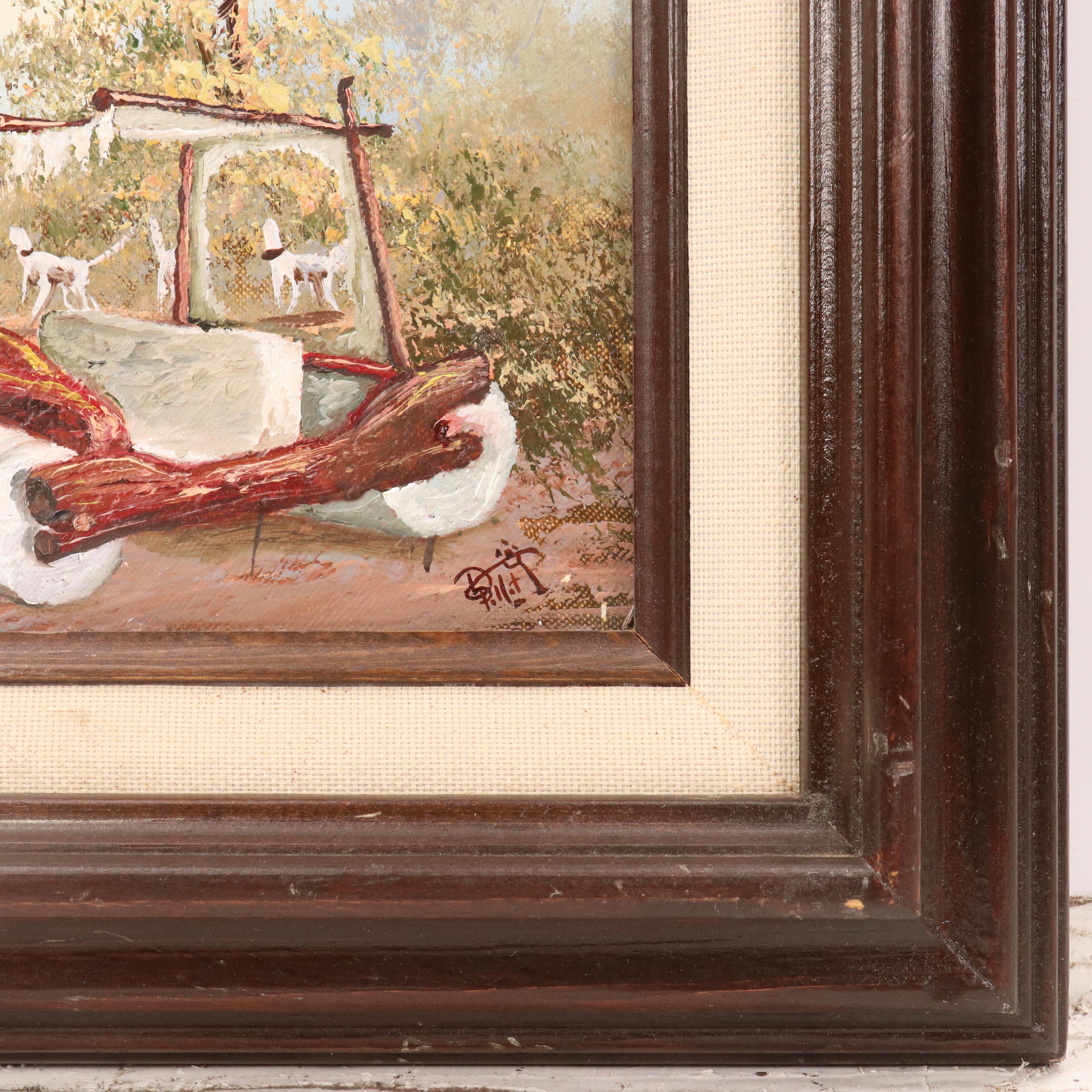 Dave Pollot Oil Painting of English Fox Hunt Party Discovering Town of Bedrock