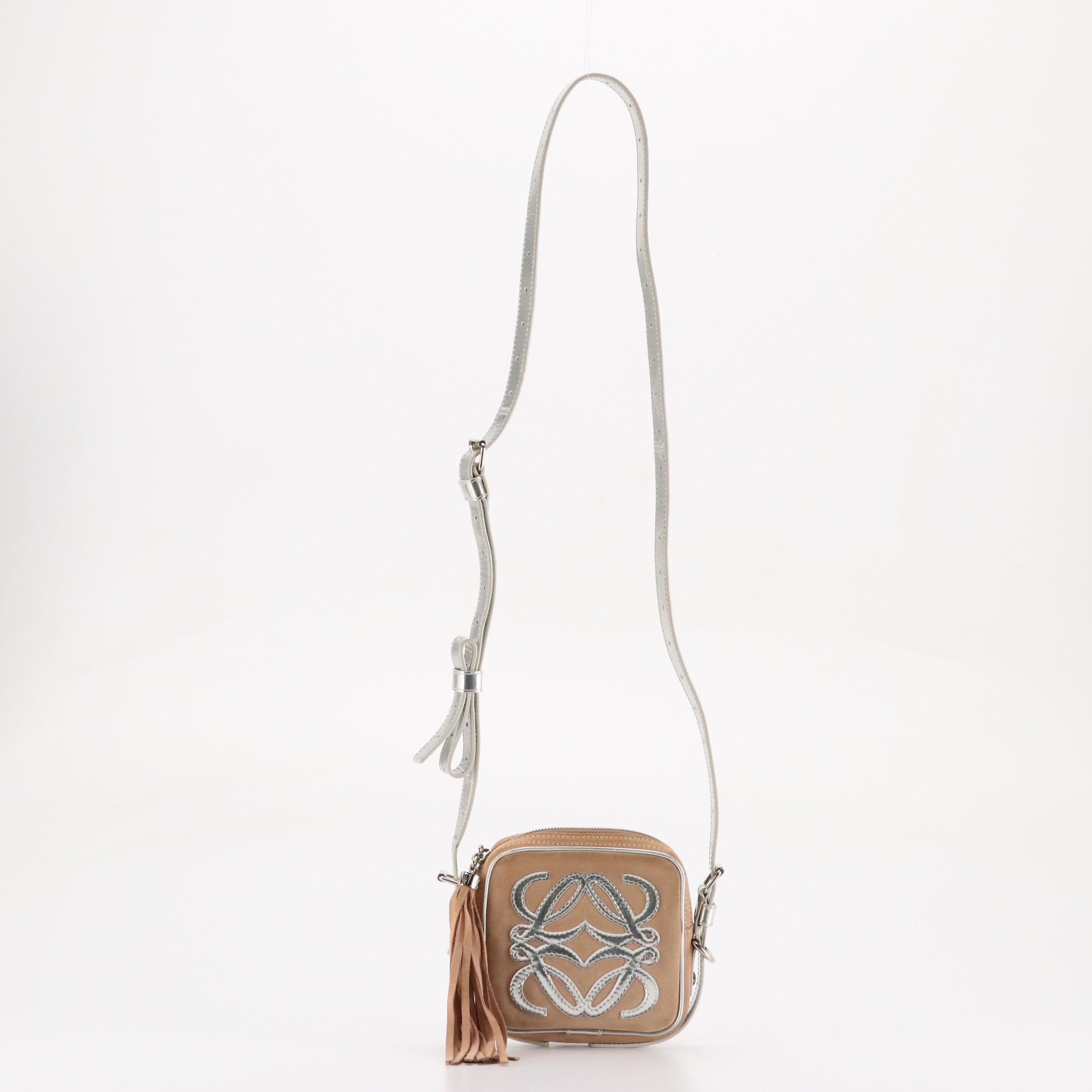 Loewe Mini Anagram Crossbody Bag in Blush Beige Suede & Silver Metallic Leather