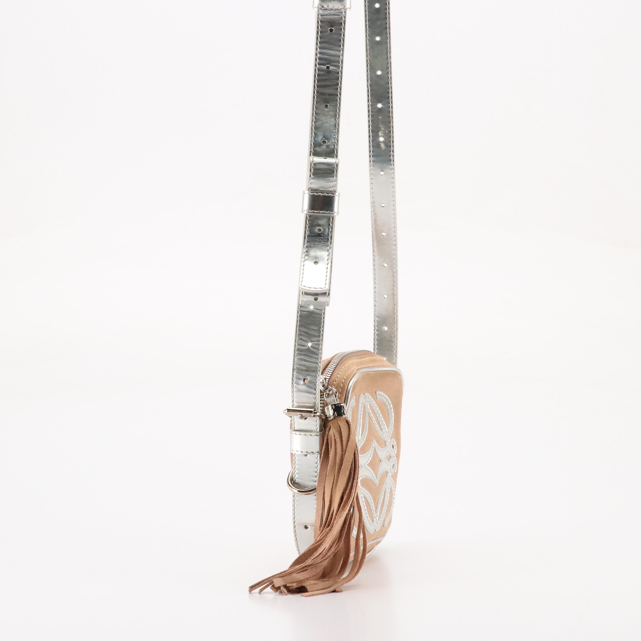 Loewe Mini Anagram Crossbody Bag in Blush Beige Suede & Silver Metallic Leather