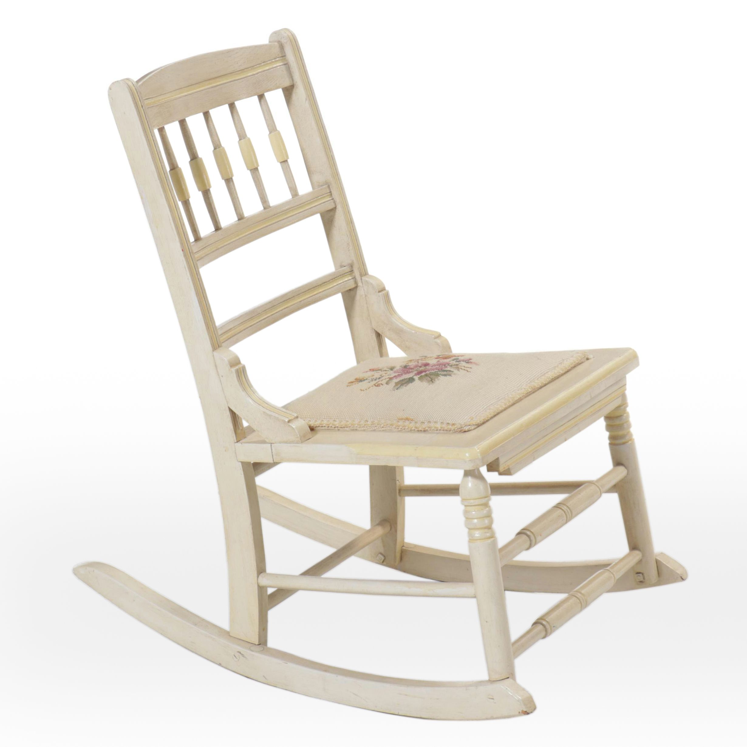 American Colonial Style Paint-Decorated Wood Rocking Chair with Needlepoint Seat
