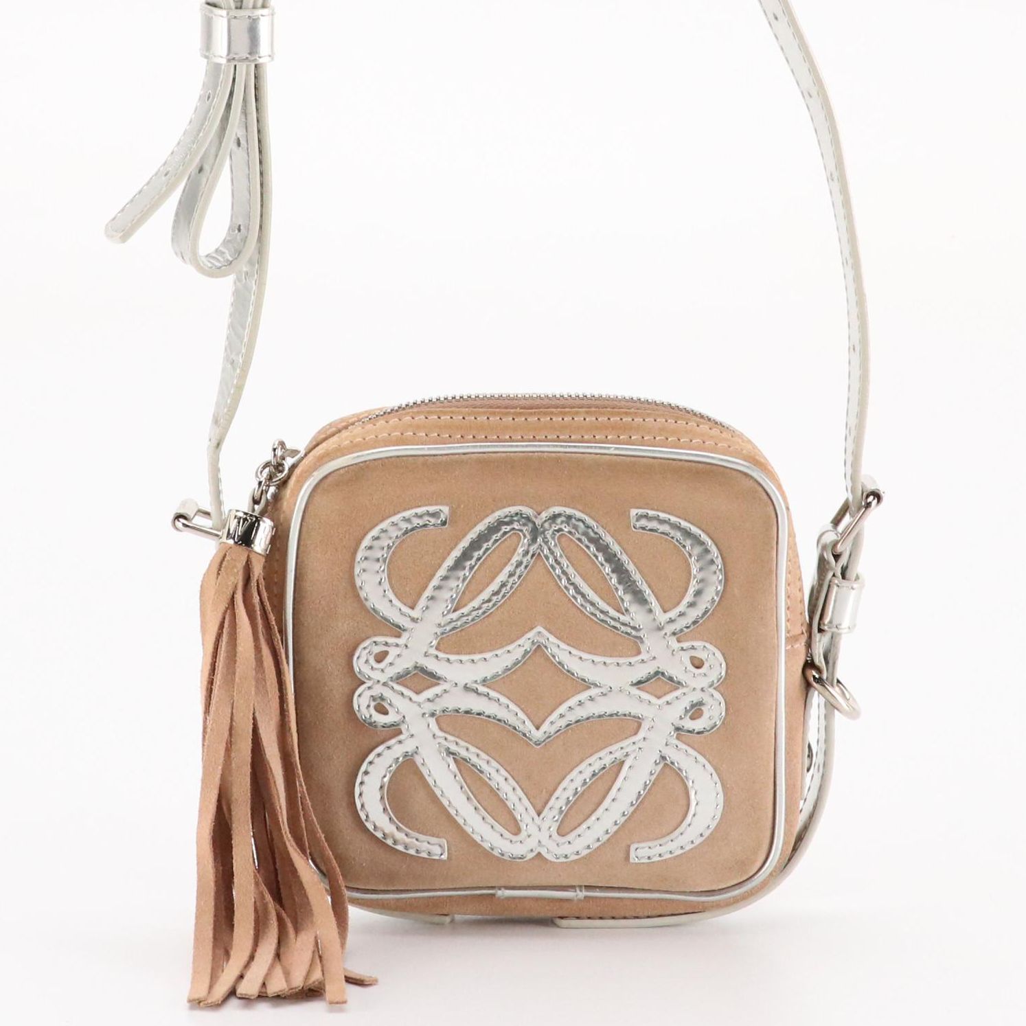 Loewe Mini Anagram Crossbody Bag in Blush Beige Suede & Silver Metallic Leather
