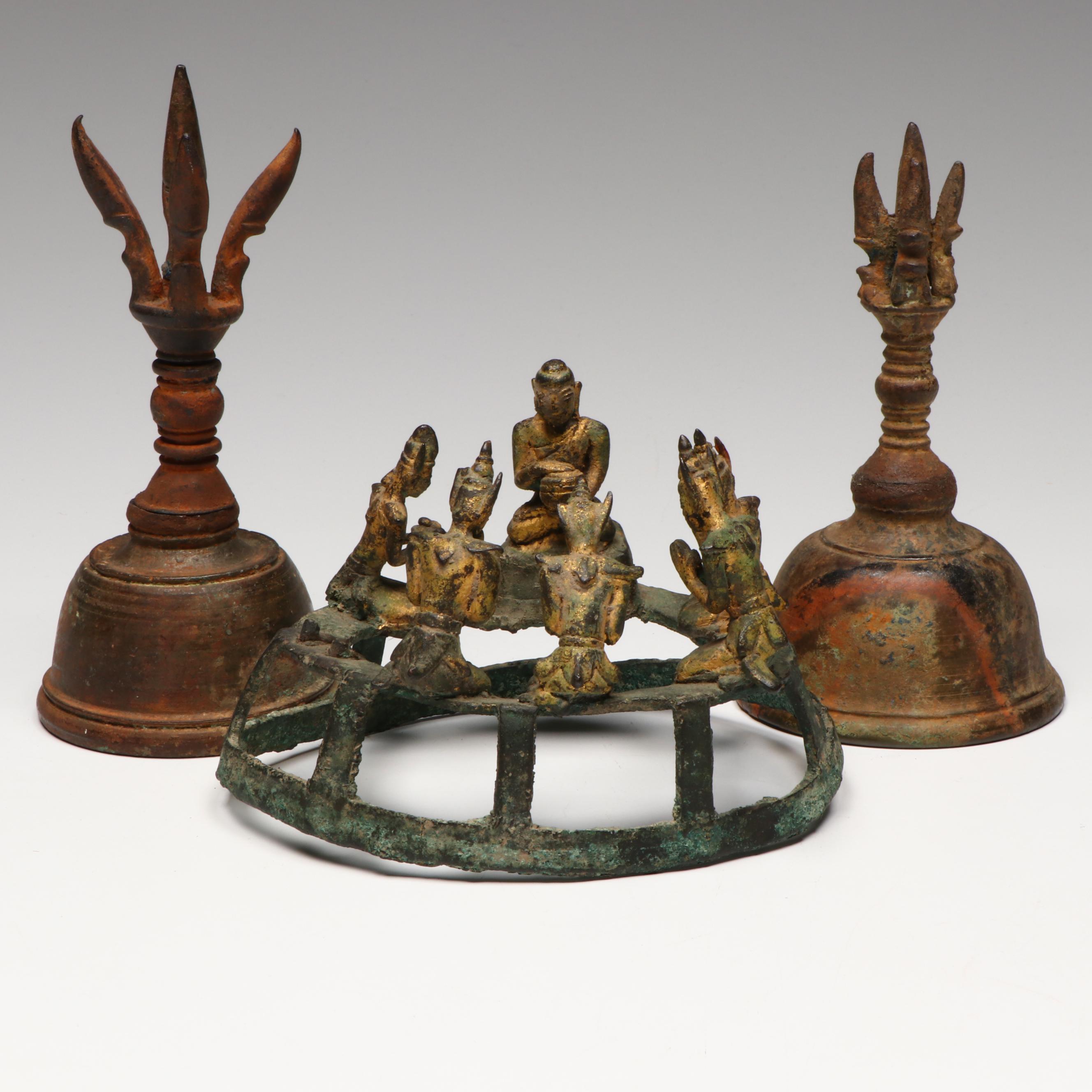 Antique SE Asian Bronze Vajraghanta Bells w/ Sculpture of Buddha's First Sermon