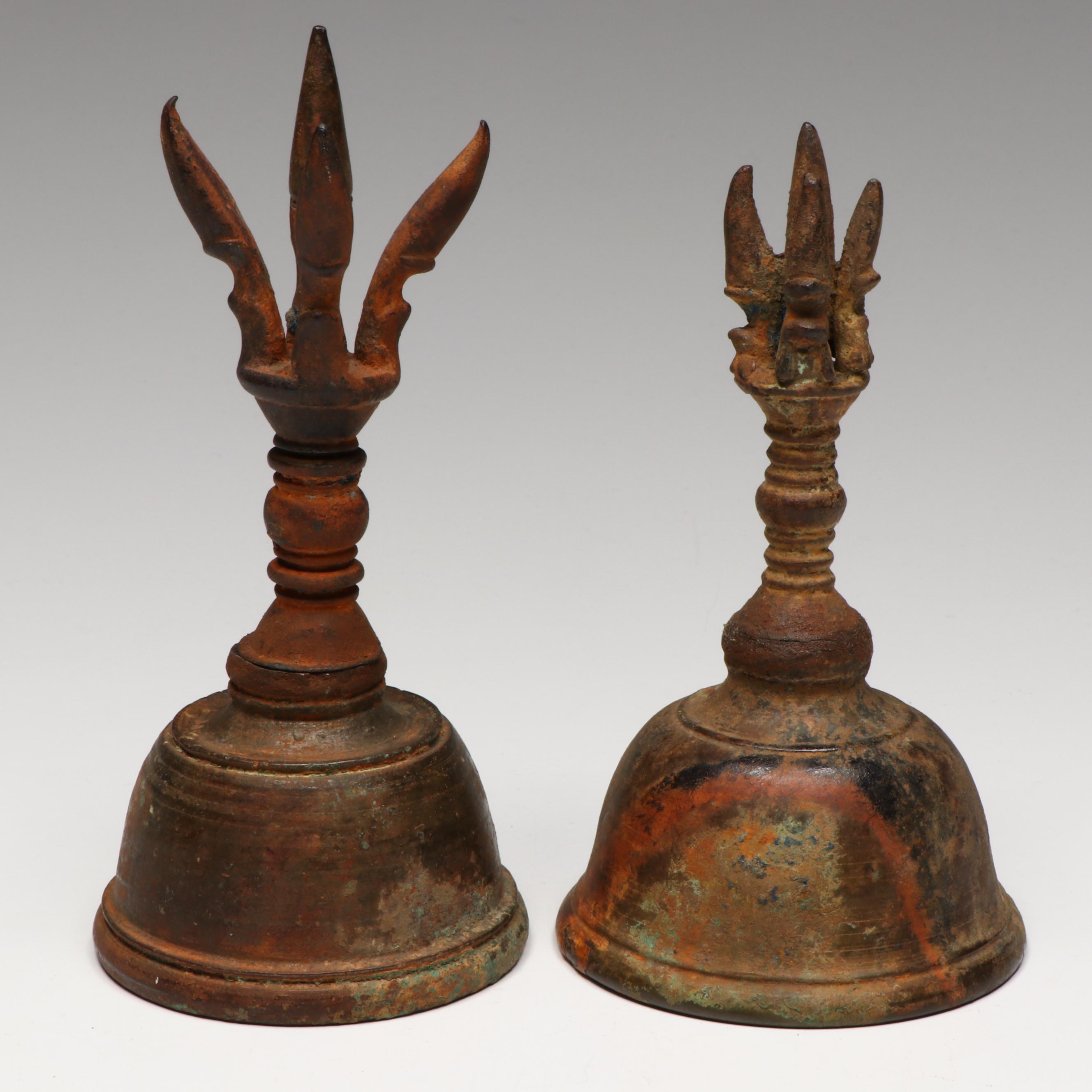 Antique SE Asian Bronze Vajraghanta Bells w/ Sculpture of Buddha's First Sermon