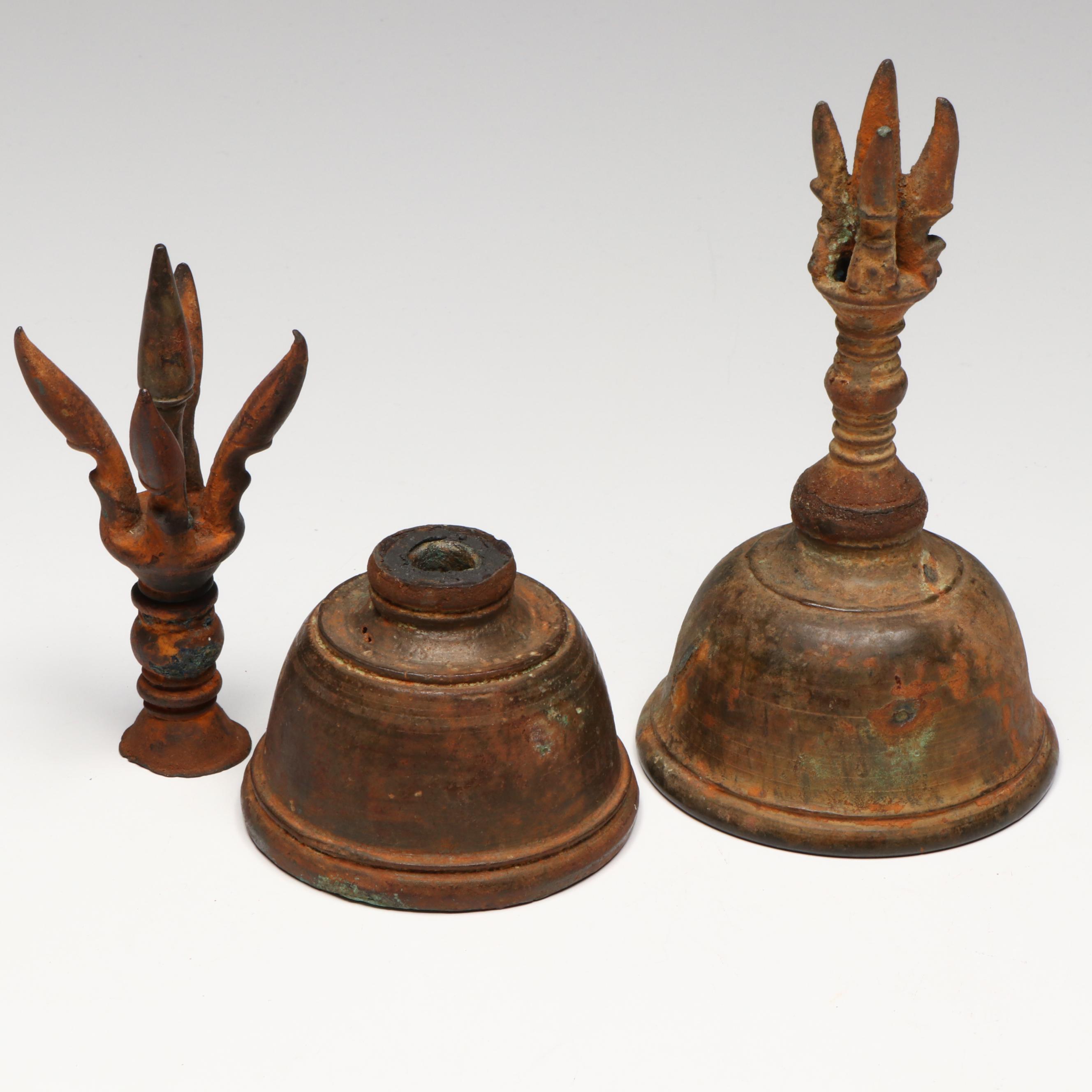 Antique SE Asian Bronze Vajraghanta Bells w/ Sculpture of Buddha's First Sermon