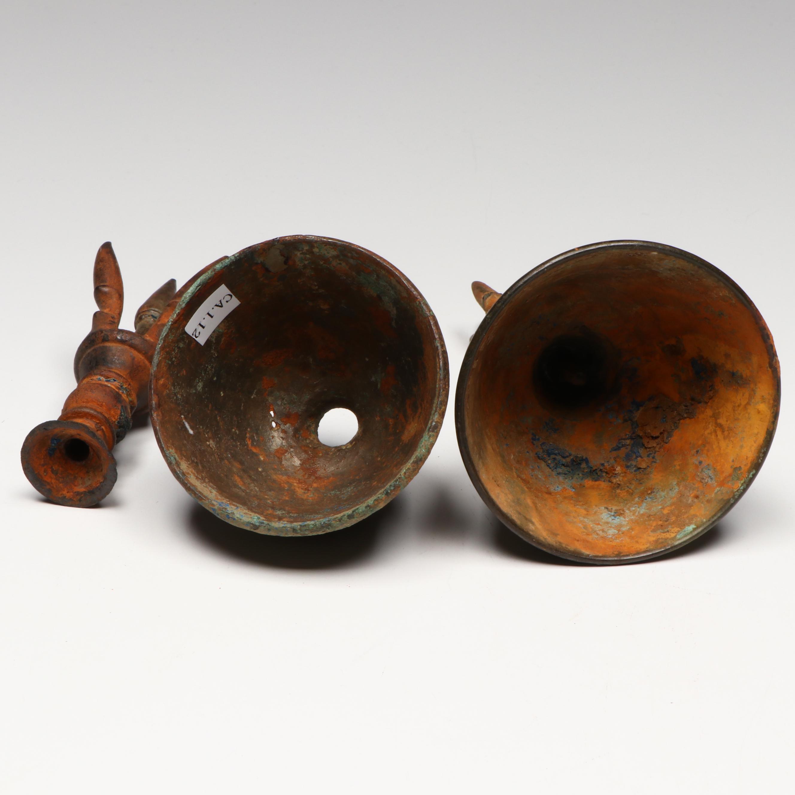 Antique SE Asian Bronze Vajraghanta Bells w/ Sculpture of Buddha's First Sermon