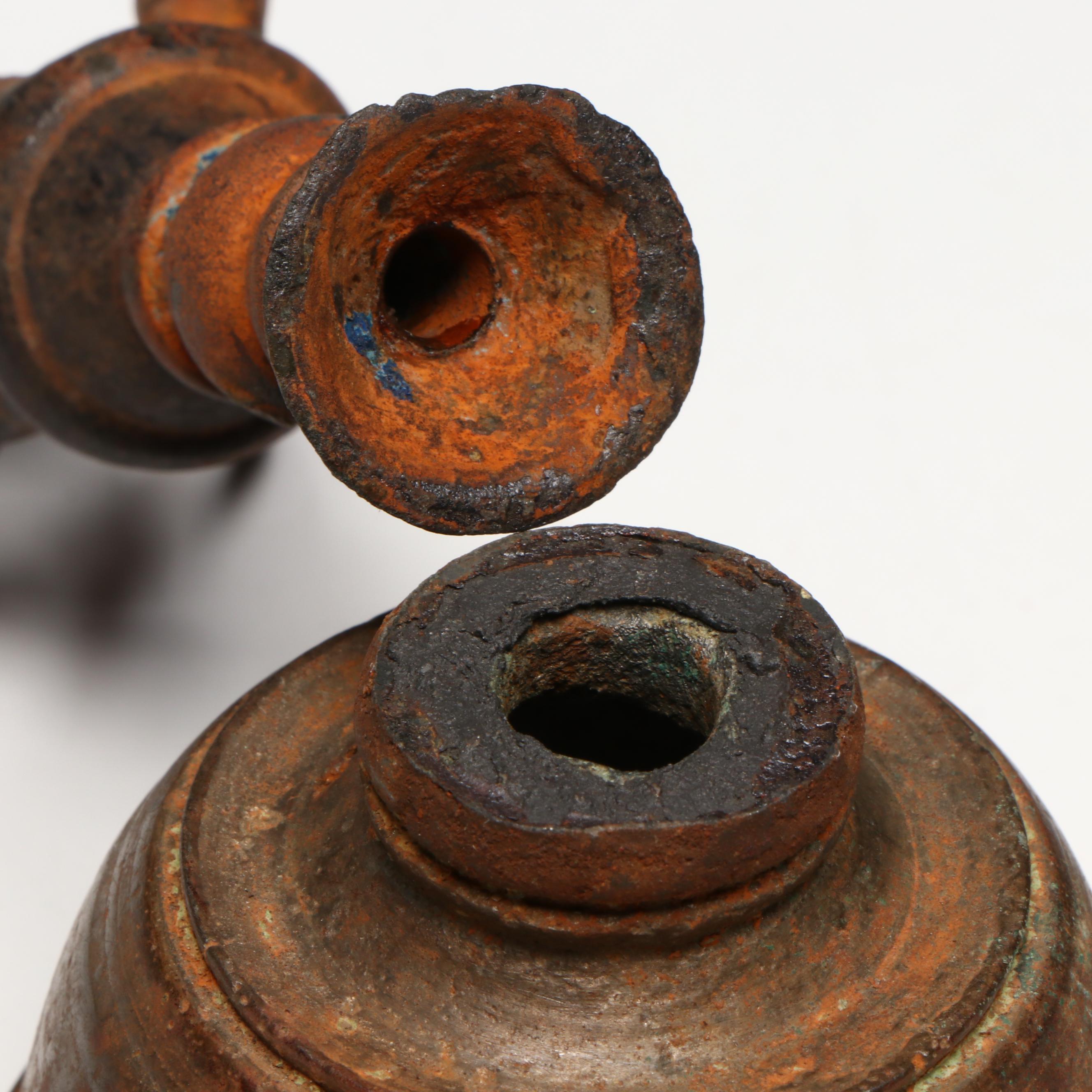 Antique SE Asian Bronze Vajraghanta Bells w/ Sculpture of Buddha's First Sermon