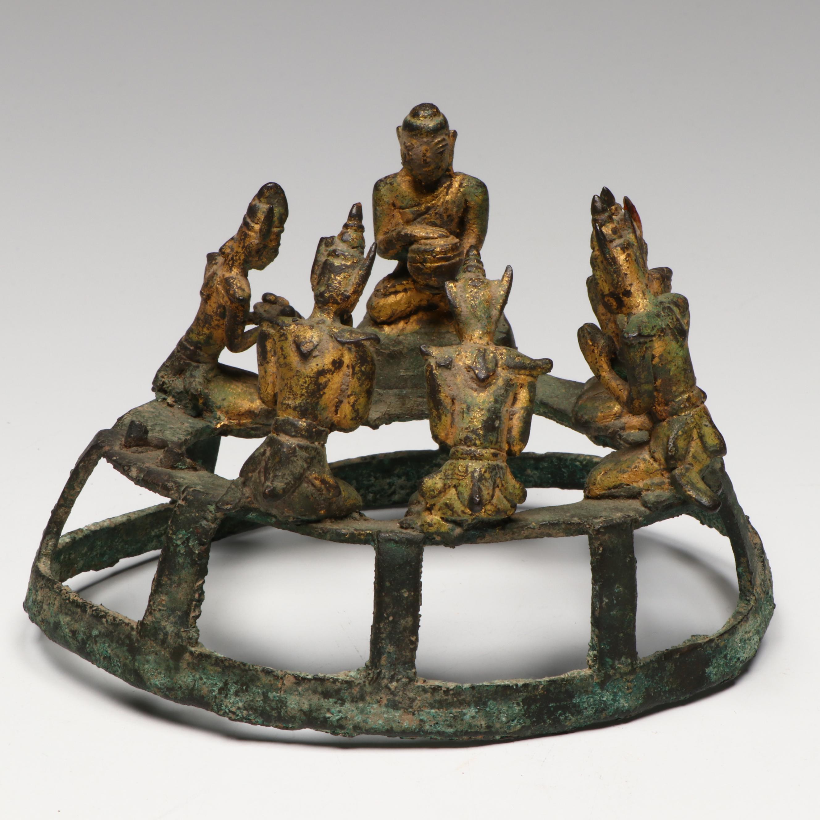 Antique SE Asian Bronze Vajraghanta Bells w/ Sculpture of Buddha's First Sermon