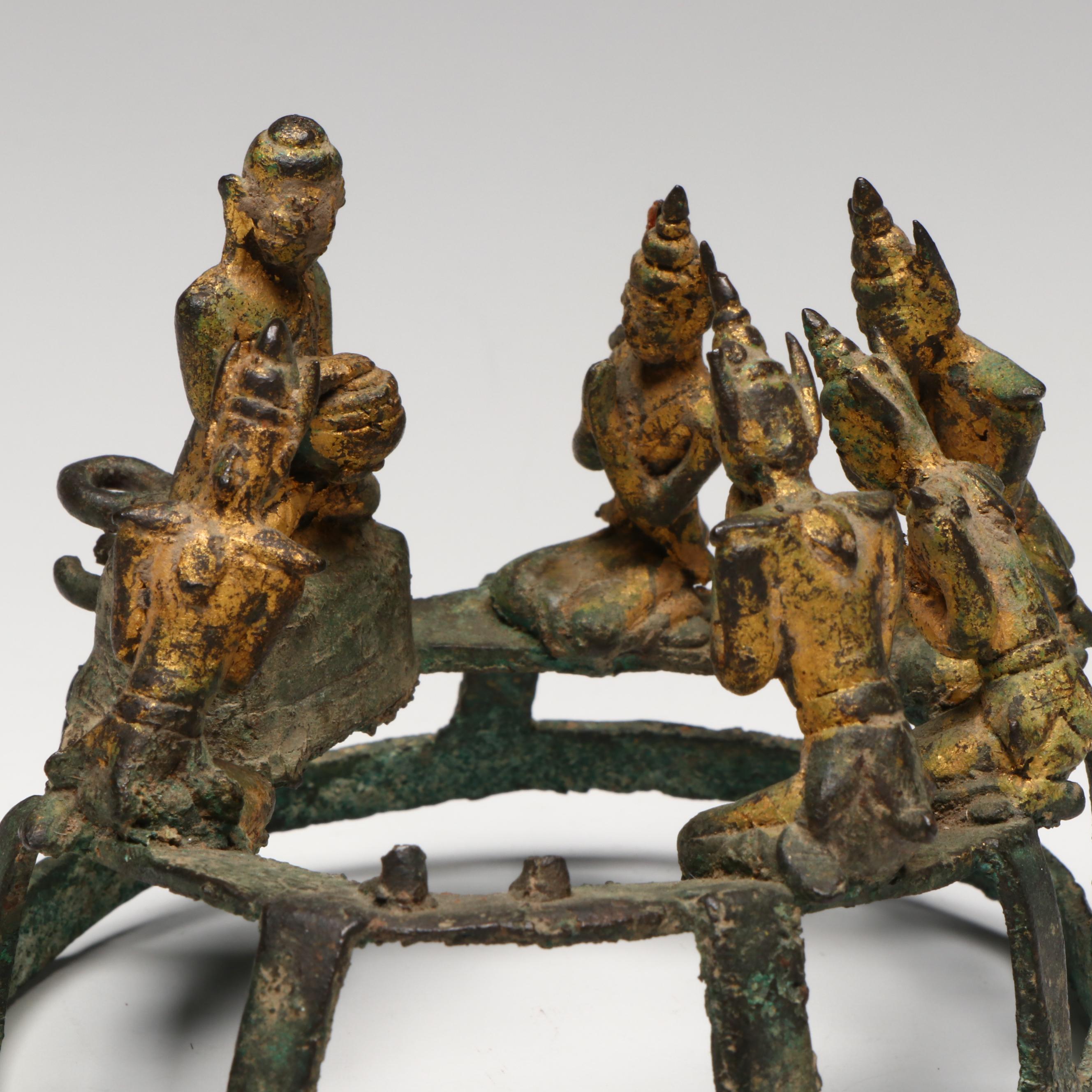 Antique SE Asian Bronze Vajraghanta Bells w/ Sculpture of Buddha's First Sermon