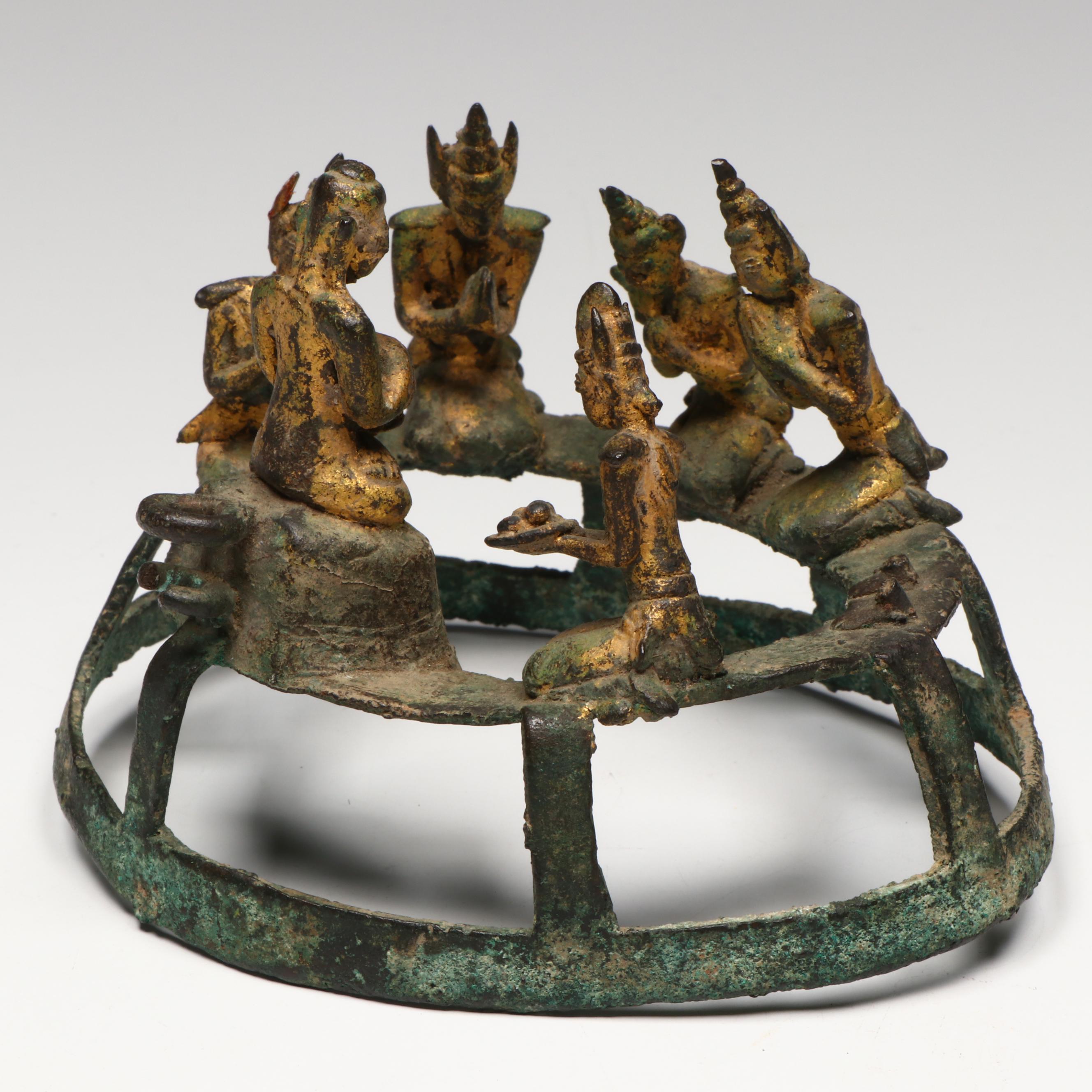 Antique SE Asian Bronze Vajraghanta Bells w/ Sculpture of Buddha's First Sermon