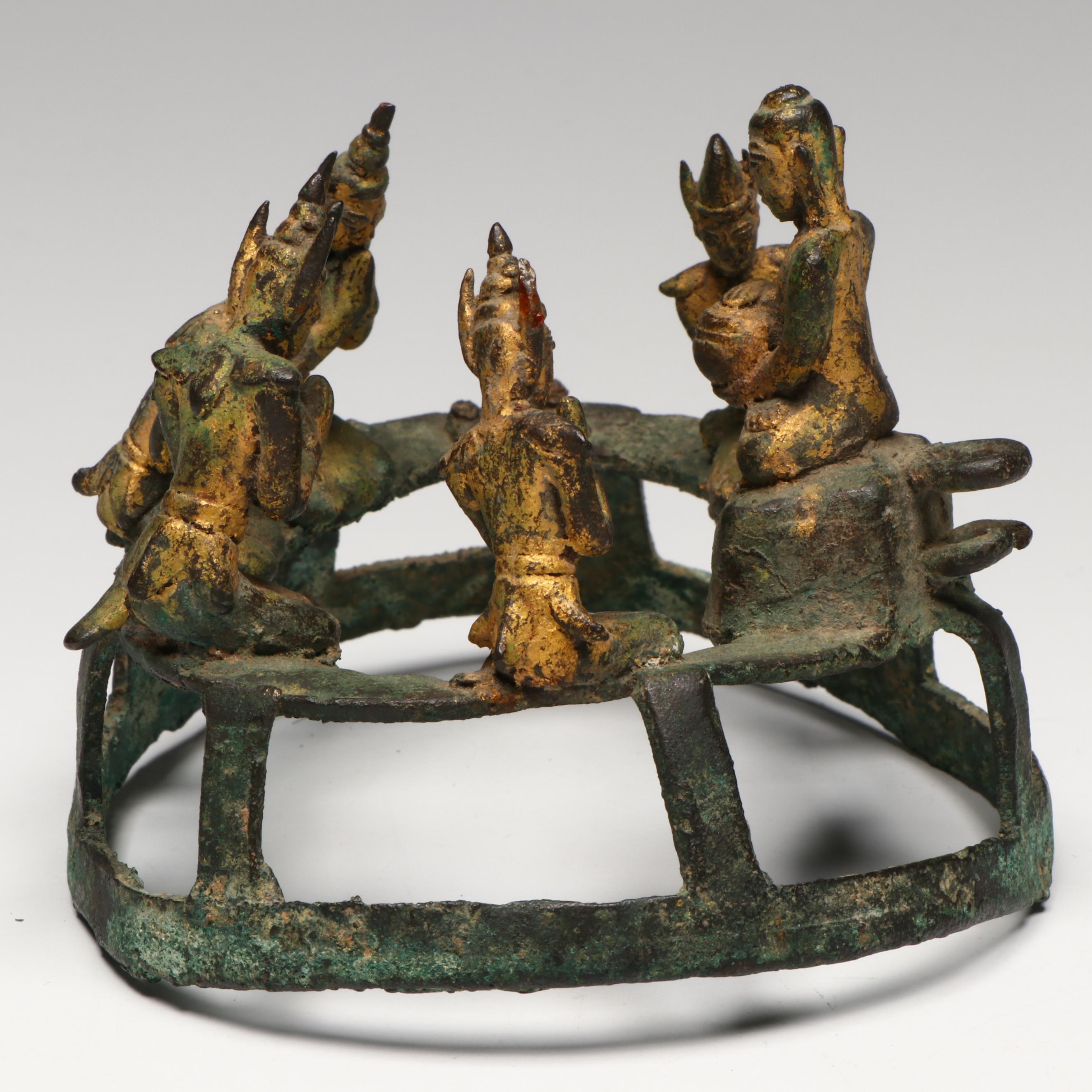 Antique SE Asian Bronze Vajraghanta Bells w/ Sculpture of Buddha's First Sermon